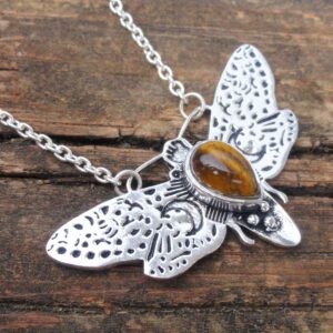 925 - Moon Moth Tigers Eye Necklace, Sterling Silver Handmade Moth 20" Necklace, Natural Gemstone Statement, Insect Jewelry Ooak 925 - Moon Moth Tigers Eye Necklace, Sterling Silver Handmade Moth 20" Necklace, Natural Gemstone Statement, Insect Jewelry Ooak