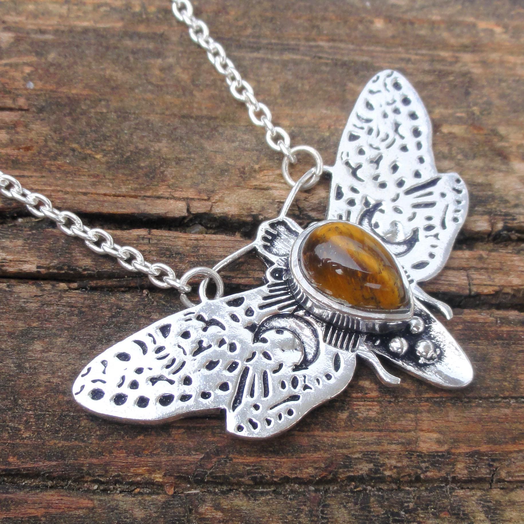 925 - Moon Moth Tigers Eye Necklace, Sterling Silver Handmade Moth 20" Necklace, Natural Gemstone Statement, Insect Jewelry Ooak