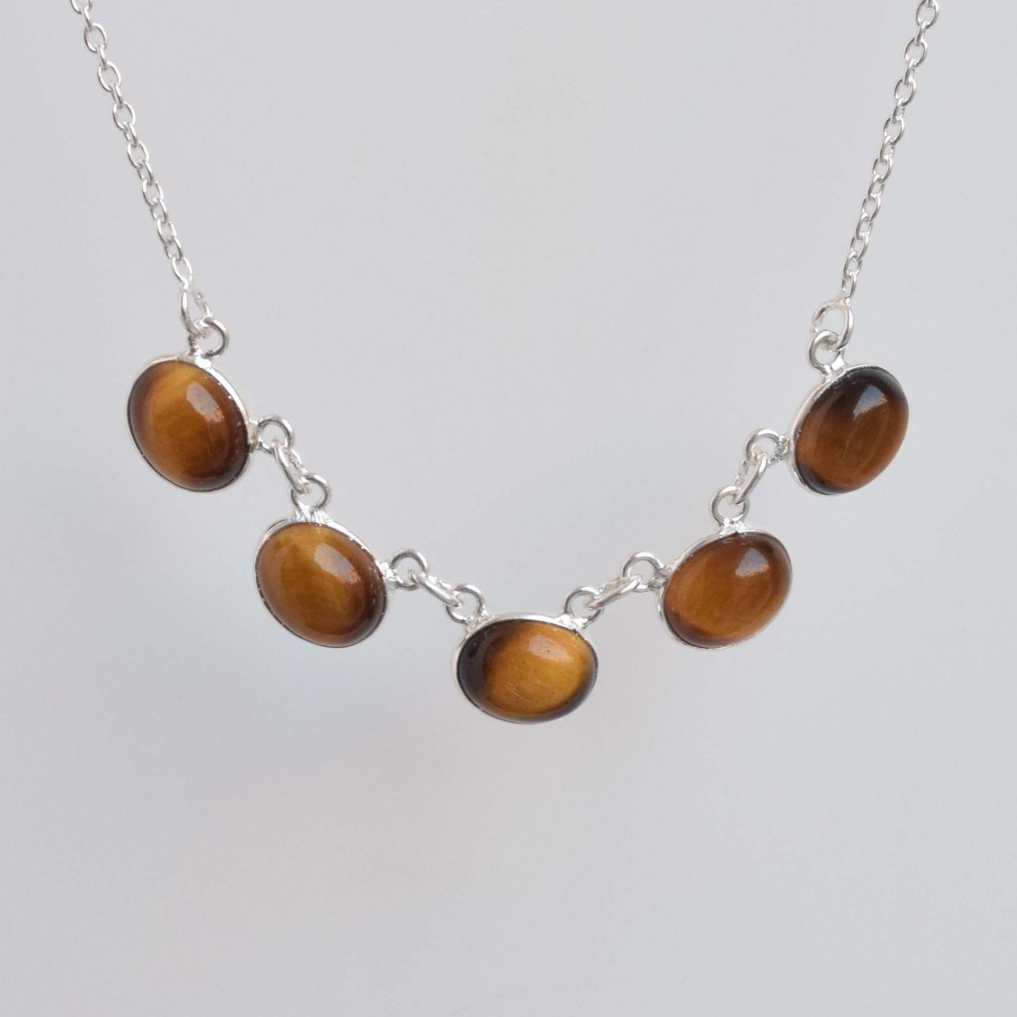 Tiger Eye 925 Sterling Silver Necklace: Handmade Oval Gemstone Chain