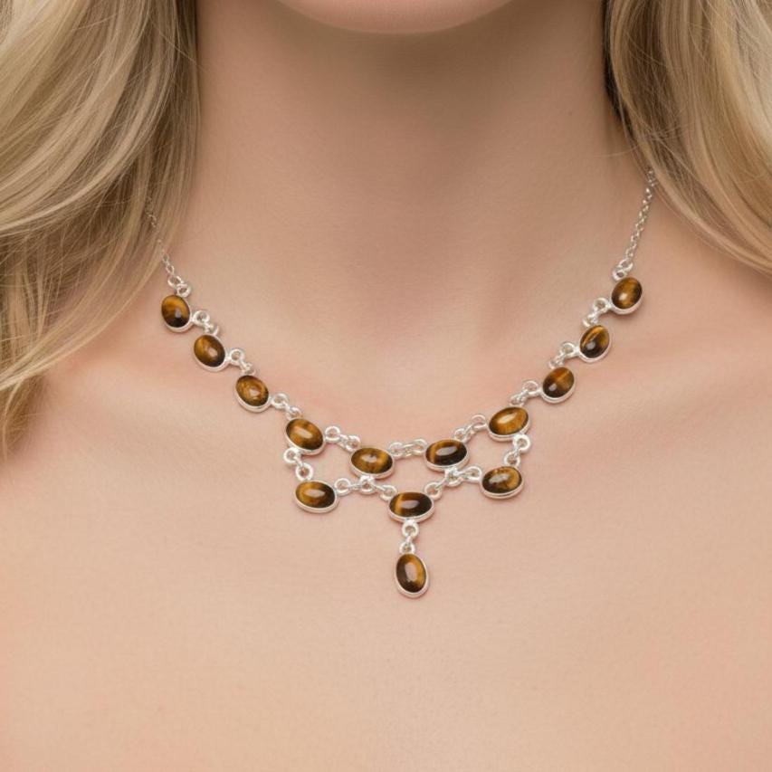 Tiger Eye 925 Sterling Silver Choker Necklace, Handmade Gemstone Jewelry