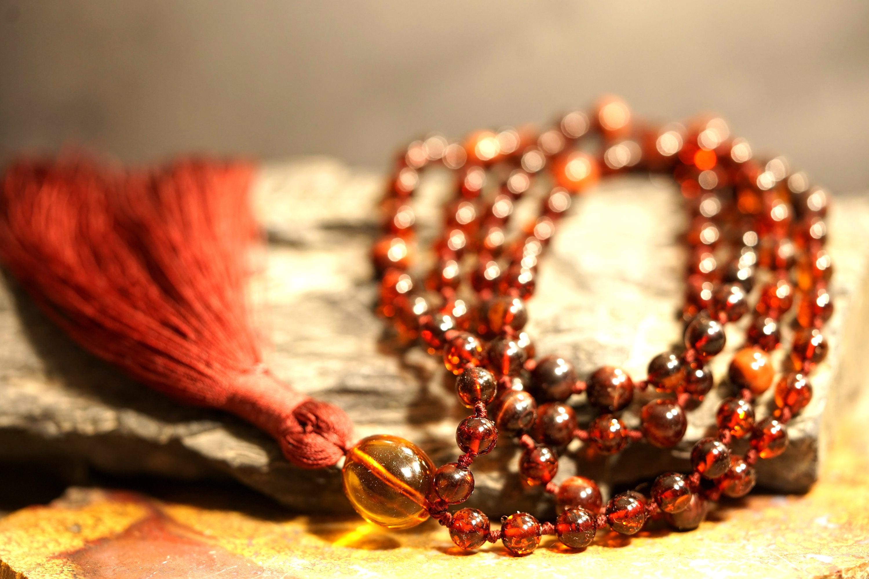 Ambur & Red Tiger's Eye Mala • Archangel Uriel Inspired • 108+ • 7mm • Knotted • Fire Of God • Wisdom • Alchemical Praying Beads • 4647