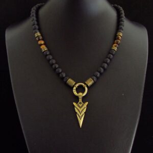 Tiger Eye and Black Lava Stone Necklace with Bronze Arrow Head, Mens Beaded Necklace, Gift for Men, Mens Gemstone Necklace + Gift Box Tiger Eye and Black Lava Stone Necklace with Bronze Arrow Head, Mens Beaded Necklace, Gift for Men, Mens Gemstone Necklace + Gift Box