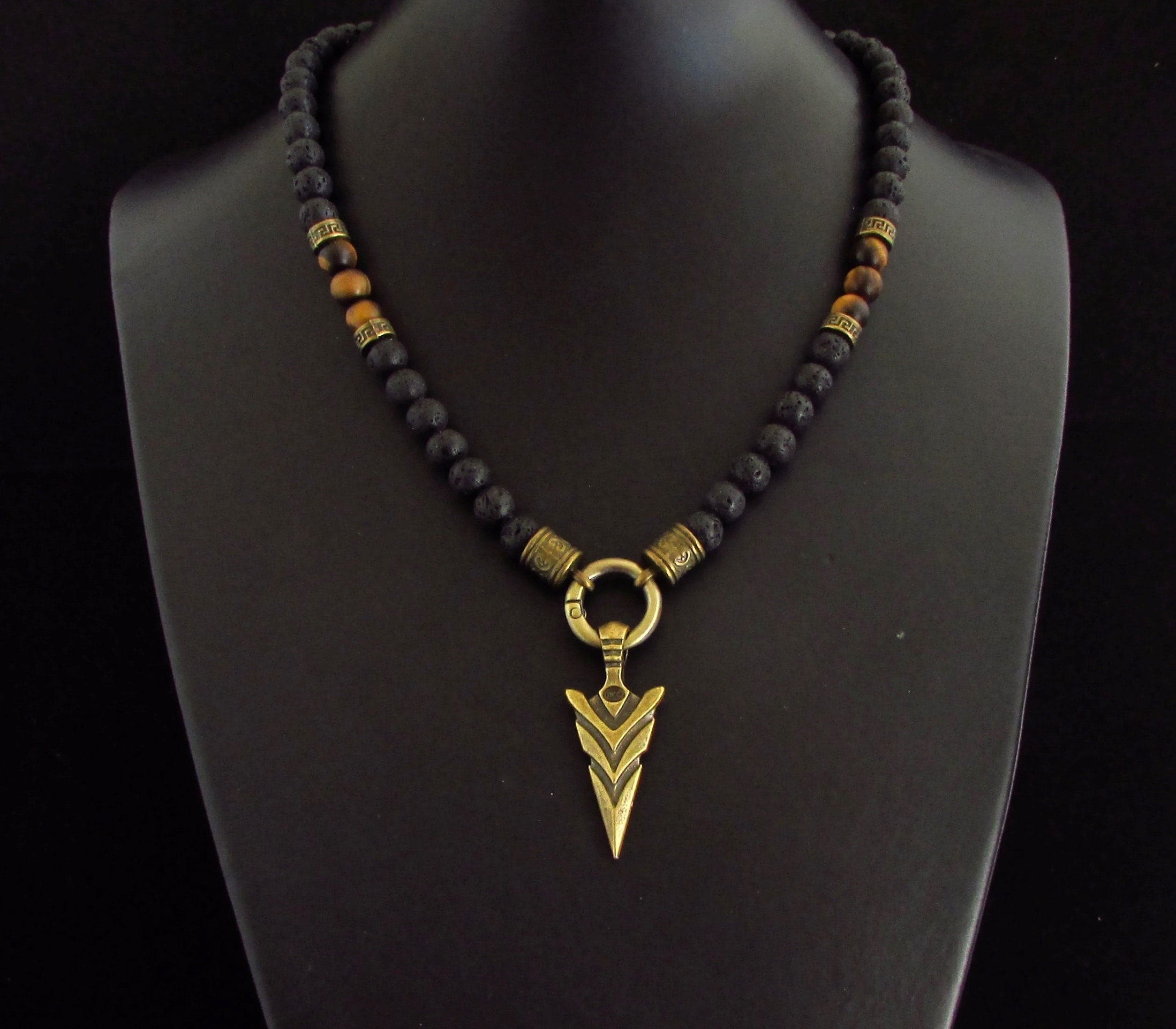 Tiger Eye And Black Lava Stone Necklace With Bronze Arrow Head, Mens Beaded Necklace, Gift For Men, Mens Gemstone Necklace + Gift Box