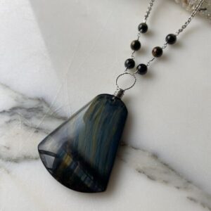 Blue Tiger Eye Gemstone Stainless Steel Wire Wrapped Necklace - Handmade OOAK Blue Tiger Eye Gemstone Stainless Steel Wire Wrapped Necklace - Handmade OOAK