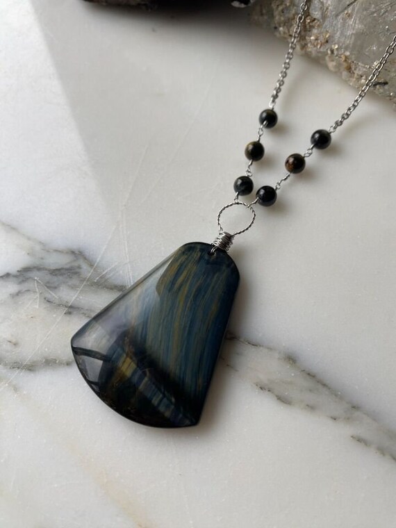 Blue Tiger Eye Gemstone Stainless Steel Wire Wrapped Necklace - Handmade Ooak Blue Tiger Eye Gemstone Stainless Steel Wire Wrapped Necklace - Handmade Ooak