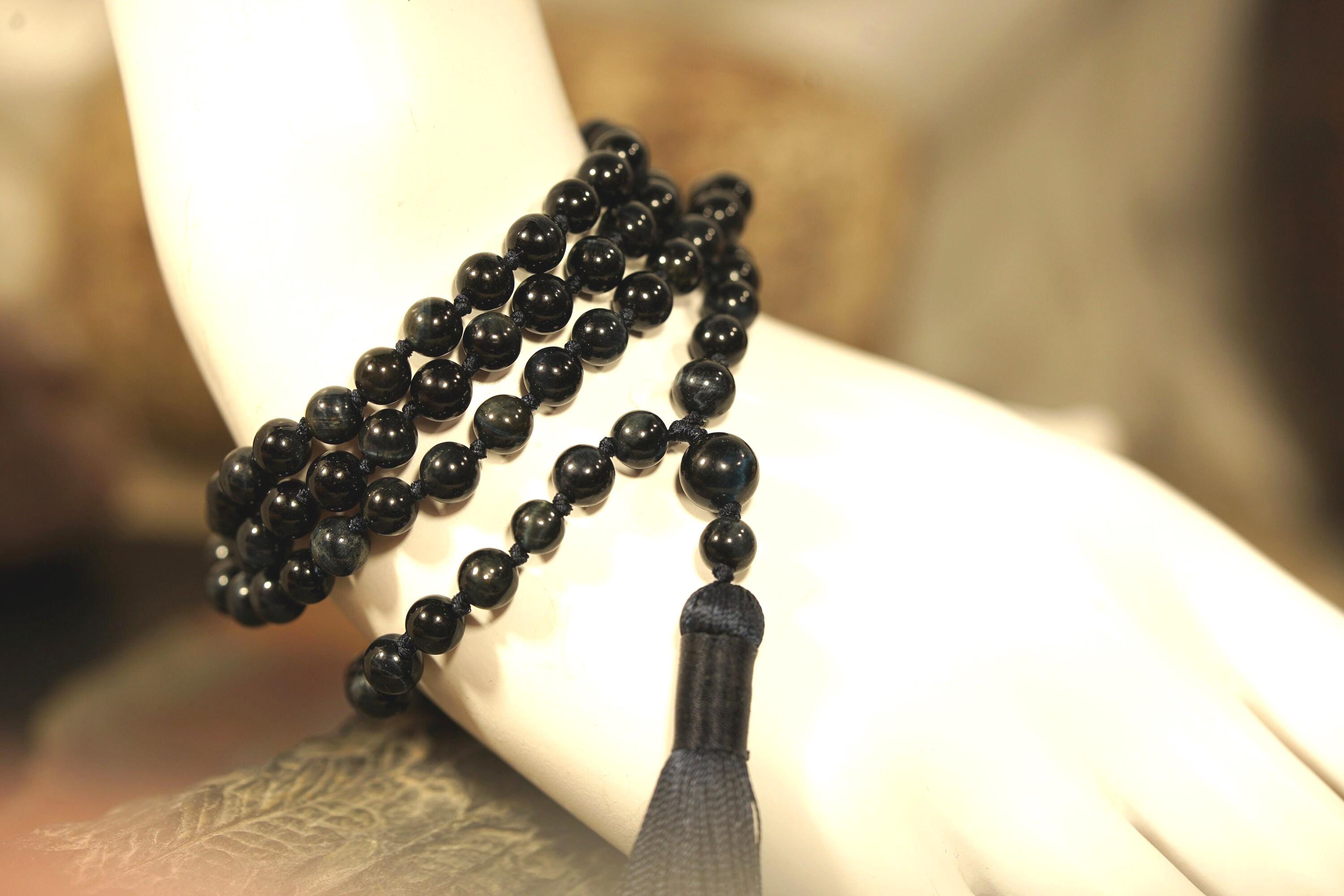 Blue Tiger-eye Mala • Very Dark Blue Tiger Eye Necklace • 6mm • 108+1 • Hand-knotted • Long Tassel • Solving Difficult Problems • 4576