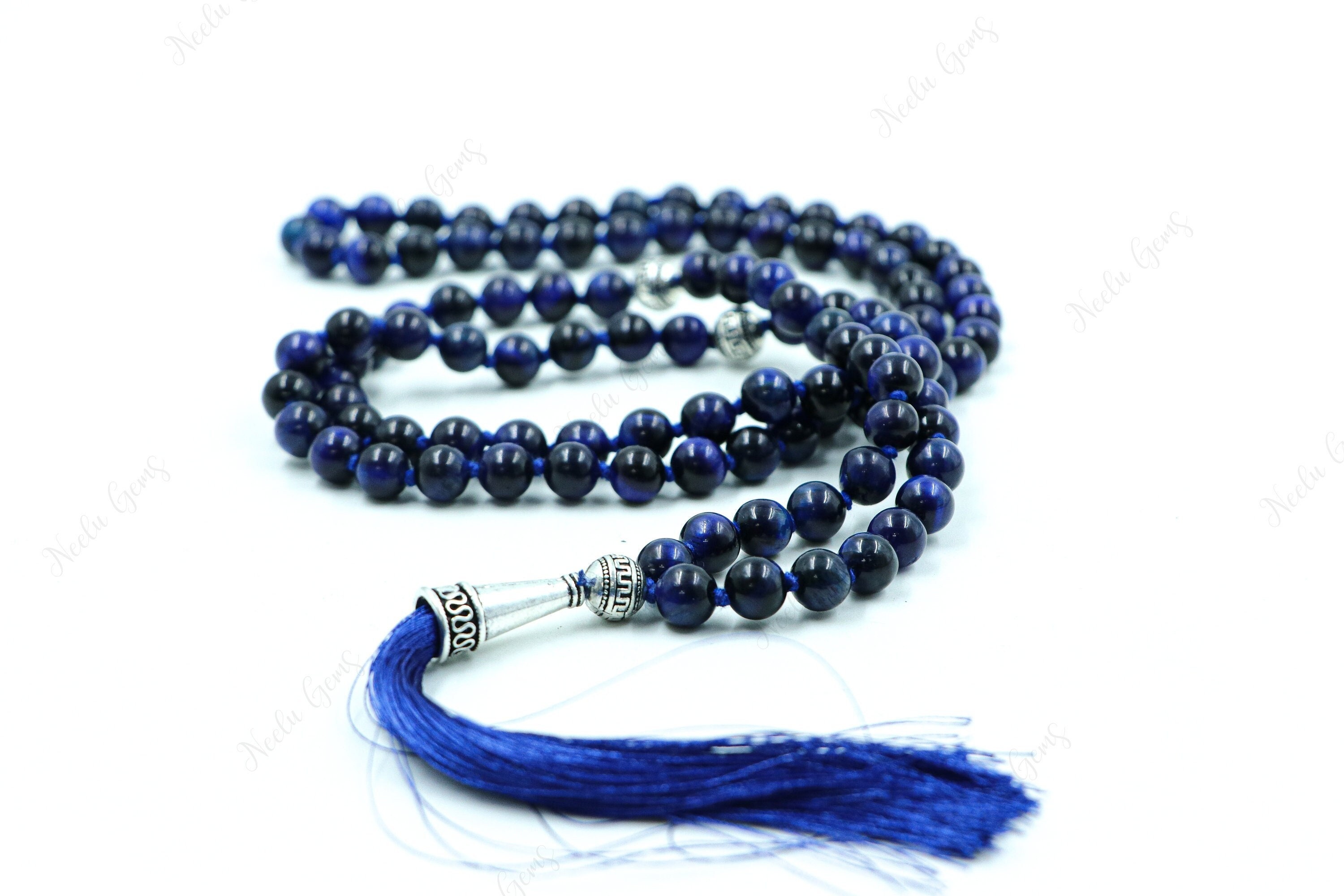 Blue Tiger's Eye Mala Necklace 108 Beads Hand Knotted, Hawk's Eye Tassel Necklace, Calming Protection Crystal, Yoga Meditation Prayer Beads