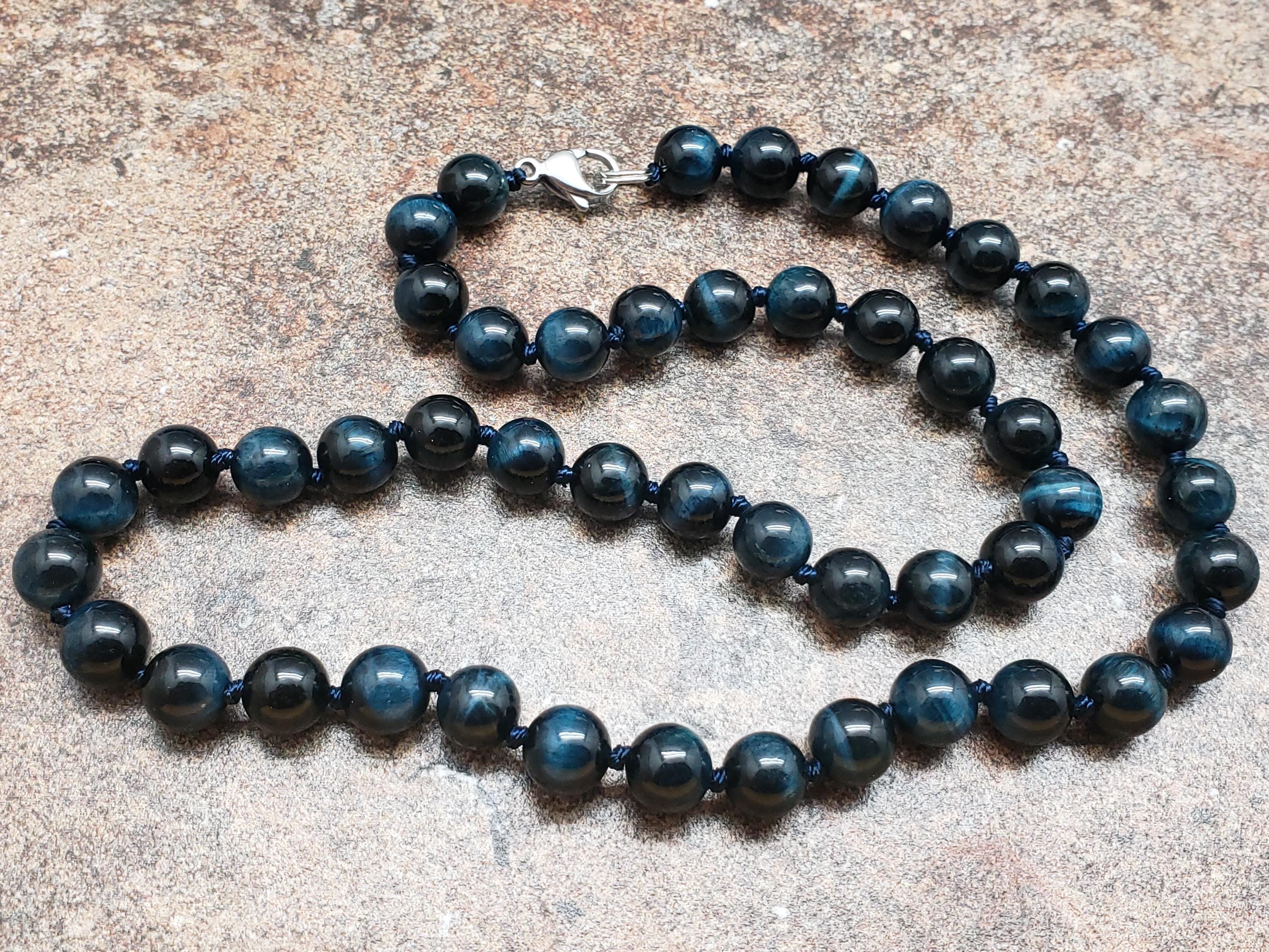 Dark Blue Tiger Eye Hand Knotted Necklace With Stainless Steel Lobster Claw Clasp