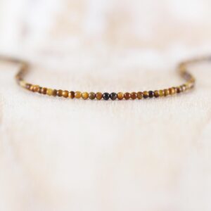 Delicate Tigers Eye Beaded Necklace In Sterling Silver, Gold Or Rose Gold Filled, Dainty Gemstone Choker, Long Layering Necklace For Women Delicate Tigers Eye Beaded Necklace In Sterling Silver, Gold Or Rose Gold Filled, Dainty Gemstone Choker, Long Layering Necklace For Women