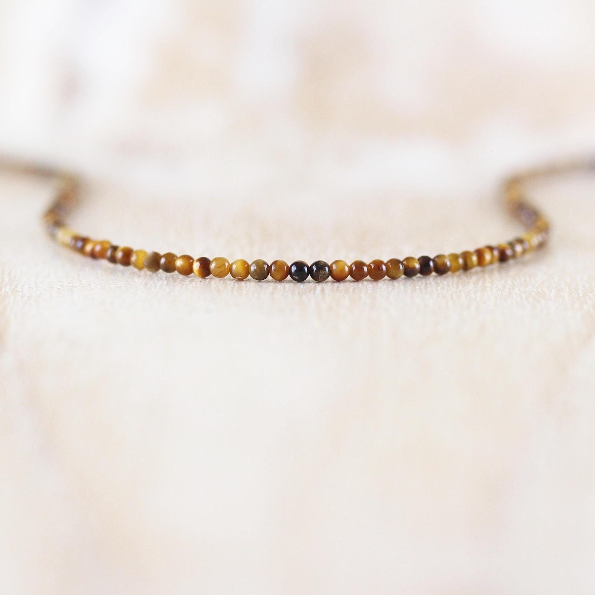 Delicate Tigers Eye Beaded Necklace In Sterling Silver, Gold Or Rose Gold Filled, Dainty Gemstone Choker, Long Layering Necklace For Women Delicate Tigers Eye Beaded Necklace In Sterling Silver, Gold Or Rose Gold Filled, Dainty Gemstone Choker, Long Layering Necklace For Women