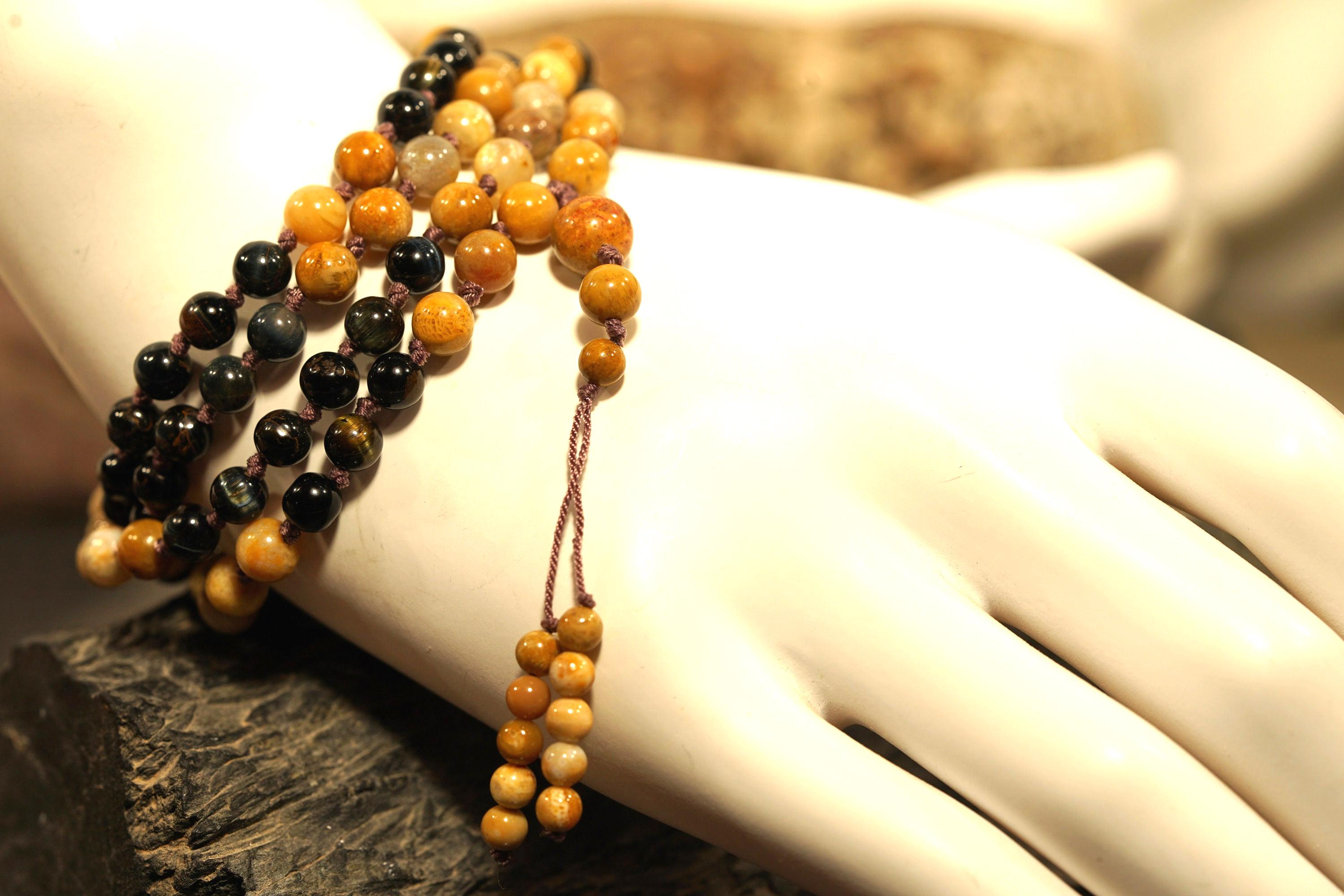 Fossil Coral And Natural Blue Tiger Eye Mala • 108+1 • 6mm • Mystery Lover Gift • Original Gift That Will Be Appreciated • 4541