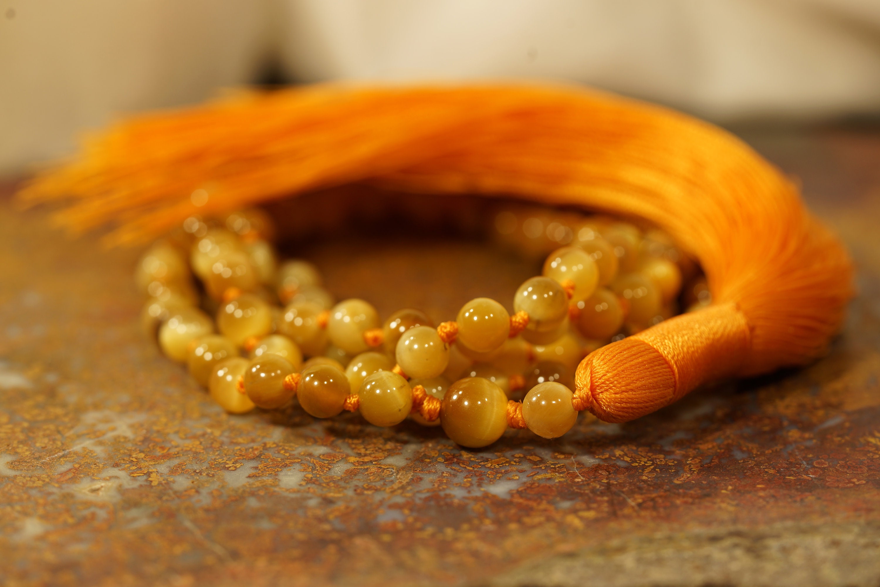 Golden Tiger Eye Mala • Micro Tiger Eye Necklace • Tiger's Eye Jewelry • Necklace With Orange Tassel • 108+1 • Hand-knotted Mala • 4574