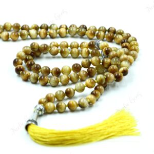 Golden Tiger's Eye Mala Necklace 108 Beads Hand Knotted - Protection Prayer Beads - Confidence & Wealth Crystal - Yoga Meditation Zen Gift