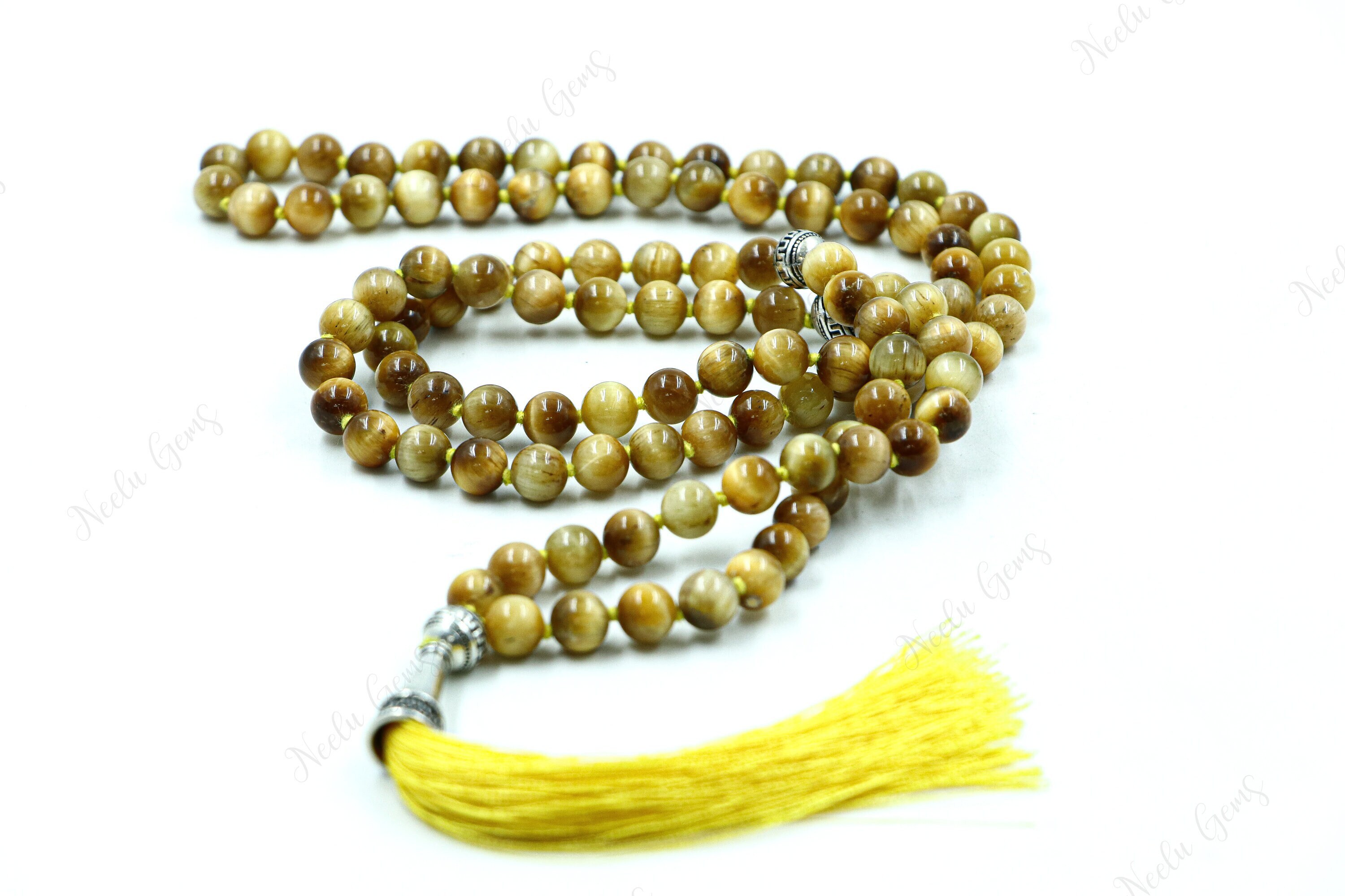 Golden Tiger's Eye Mala Necklace 108 Beads Hand Knotted - Protection Prayer Beads - Confidence & Wealth Crystal - Yoga Meditation Zen Gift