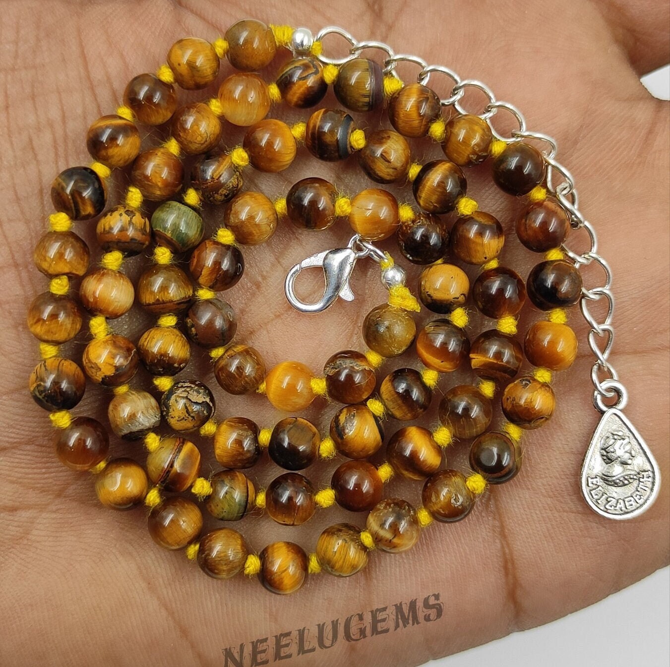 Hand Knotted Yellow Tiger's Eye Necklace, Natural Golden Gemstone Round Choker, Brown Silk Knotted Jewelry, Protective Courage Stone Gift