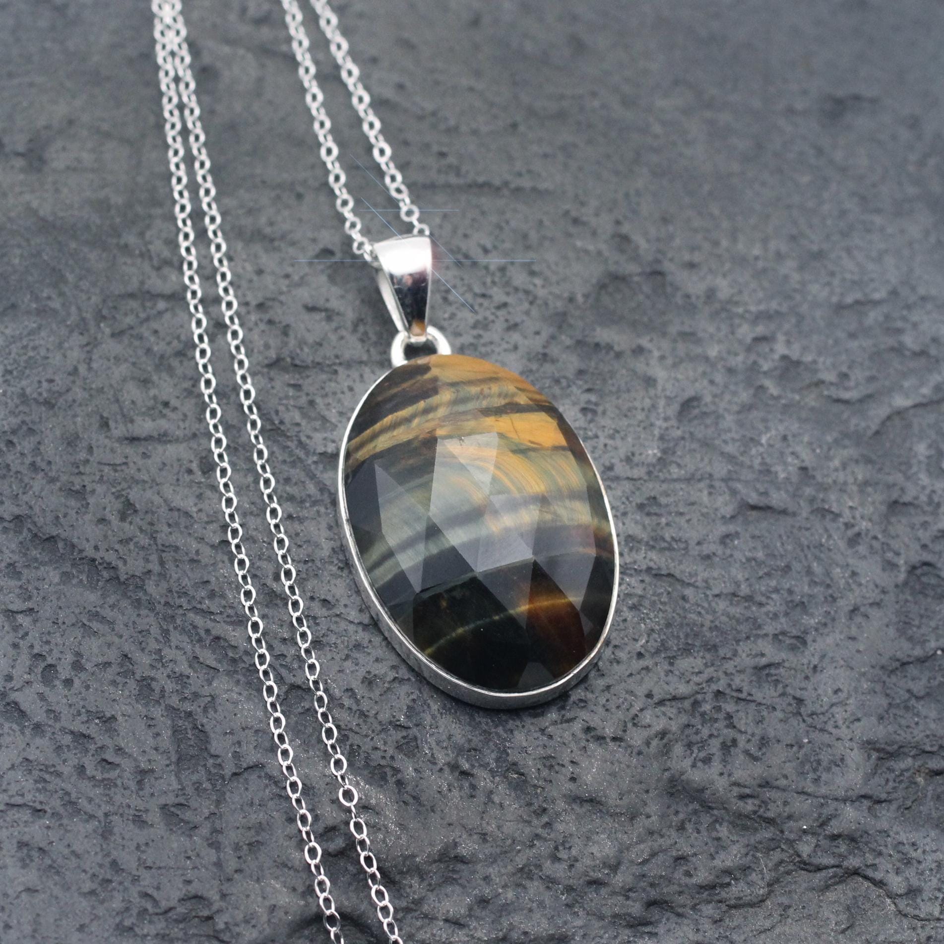 Hawks Eye - Blue & Gold Shimmering Faceted Tiger Eye Sterling Silver Necklace