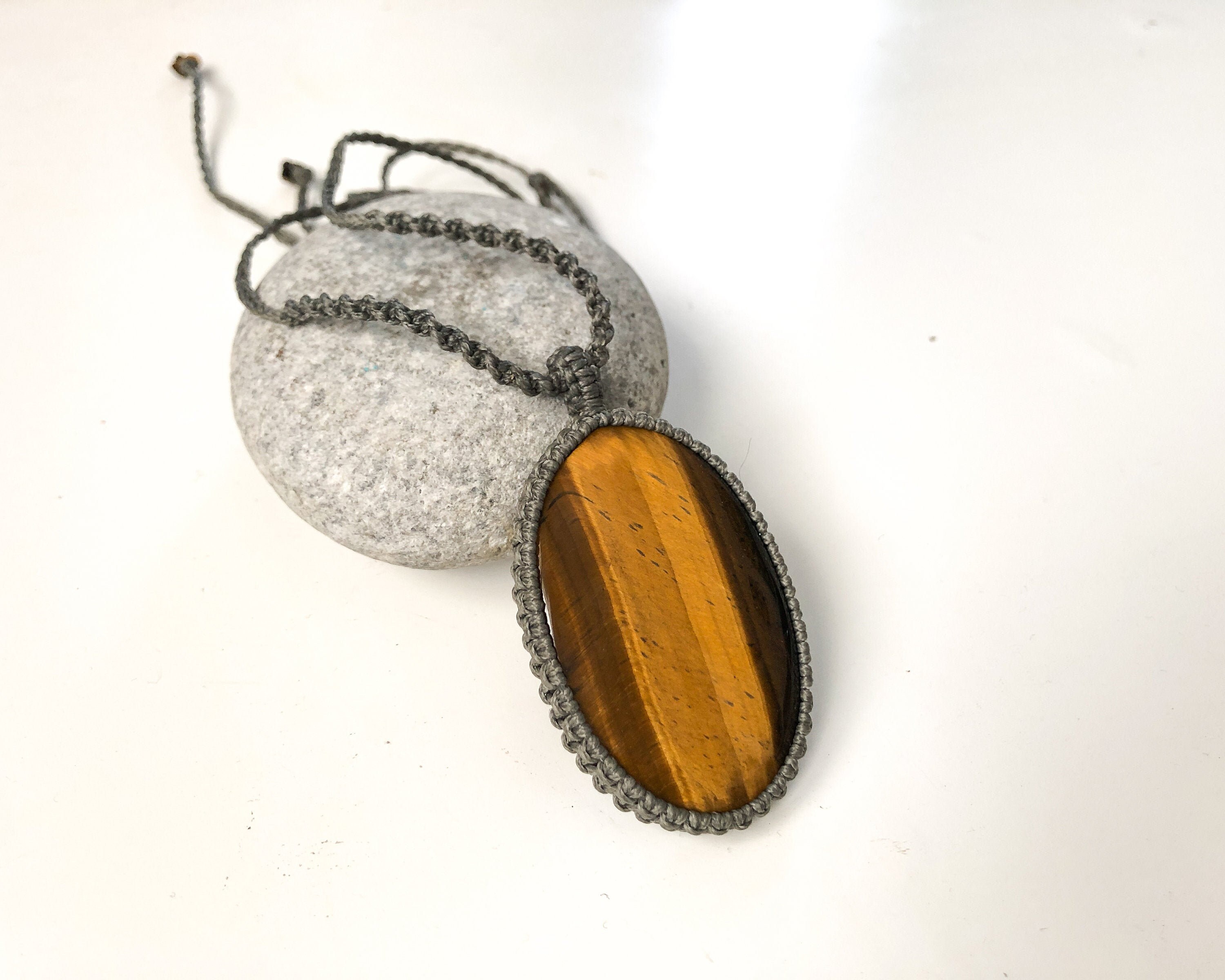 Huge Tigers Eye Macrame Necklace, Gray And Brown Tones, Large Oval Tiger Eye, Unisex Macrame Necklace, Natural Tigers Eye Gem, From Israel Huge Tigers Eye Macrame Necklace, Gray And Brown Tones, Large Oval Tiger Eye, Unisex Macrame Necklace, Natural Tigers Eye Gem, From Israel