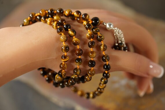 Tiger Eye Knotted Mala • 4mm • 6mm • 8mm • 10mm • Silver Tassel • Gift For Him • Tiger's Eye Necklace • Tiger Eye Necklace • A4899