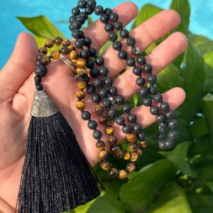 Lava Stone And Tiger Eye Mala Necklace With Silk Thread Lava Stone And Tiger Eye Mala Necklace With Silk Thread