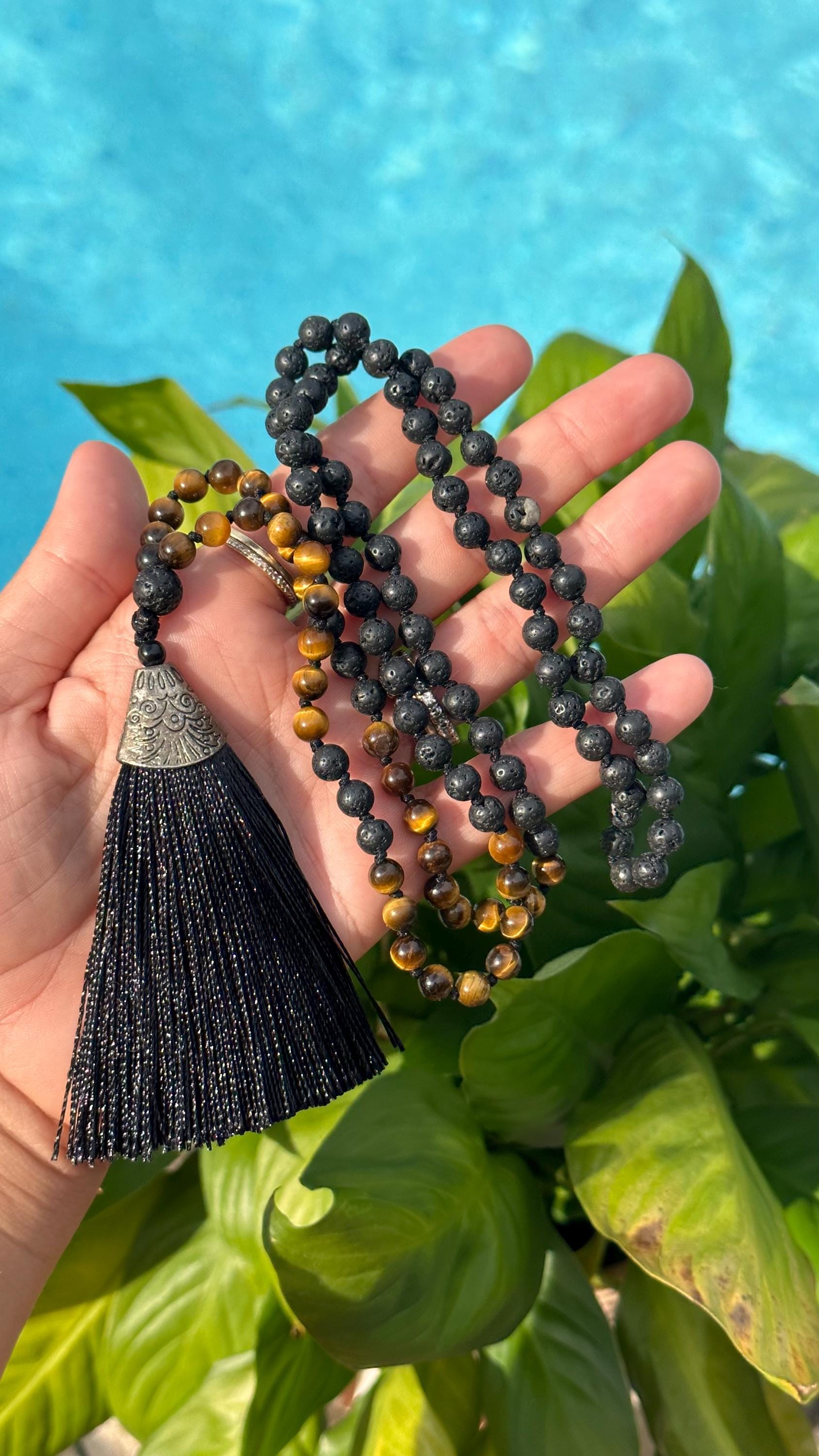 Lava Stone And Tiger Eye Mala Necklace With Silk Thread