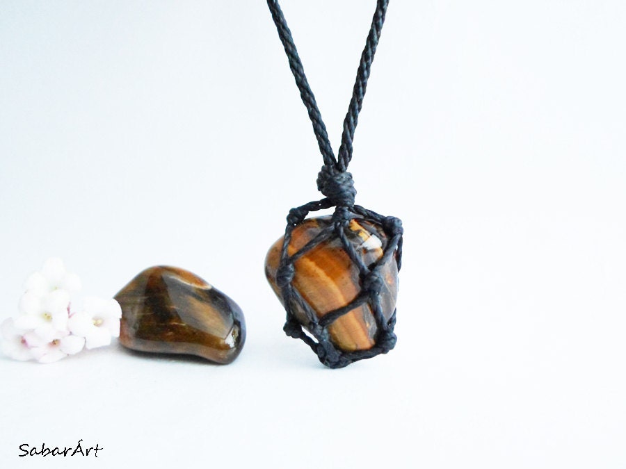 Tiger Eye Macrame Necklace: Unisex Protection Jewelry