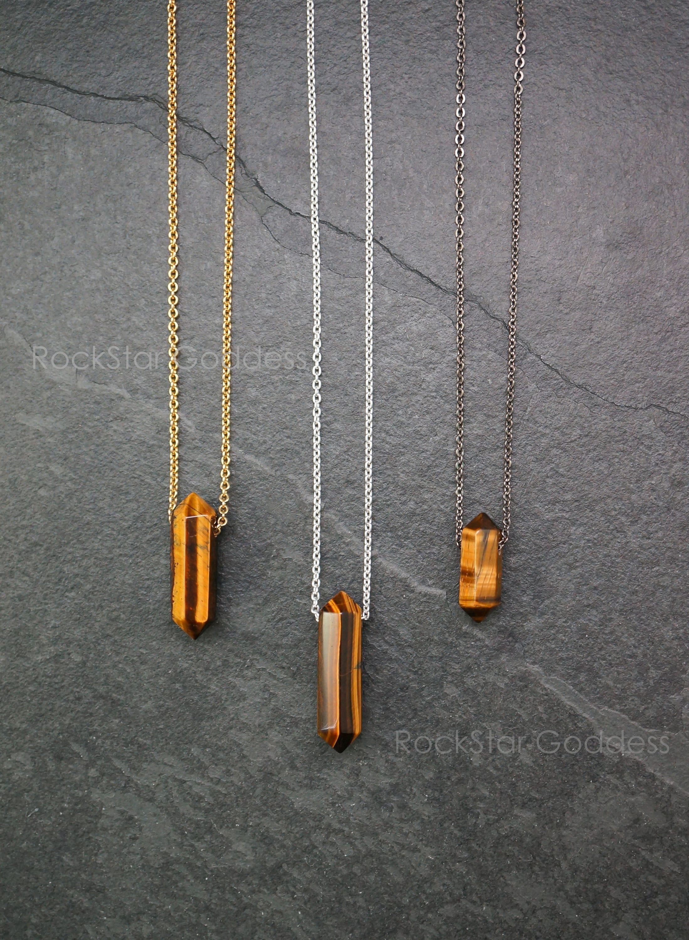 Mens Tigers Eye Point Necklace: Sterling Silver, Gold Filled, Gunmetal Chain