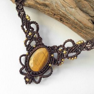 Micro Macrame Tiger Eye Necklace, Brass Beads, Boho Tribal Collar Micro Macrame Tiger Eye Necklace, Brass Beads, Boho Tribal Collar