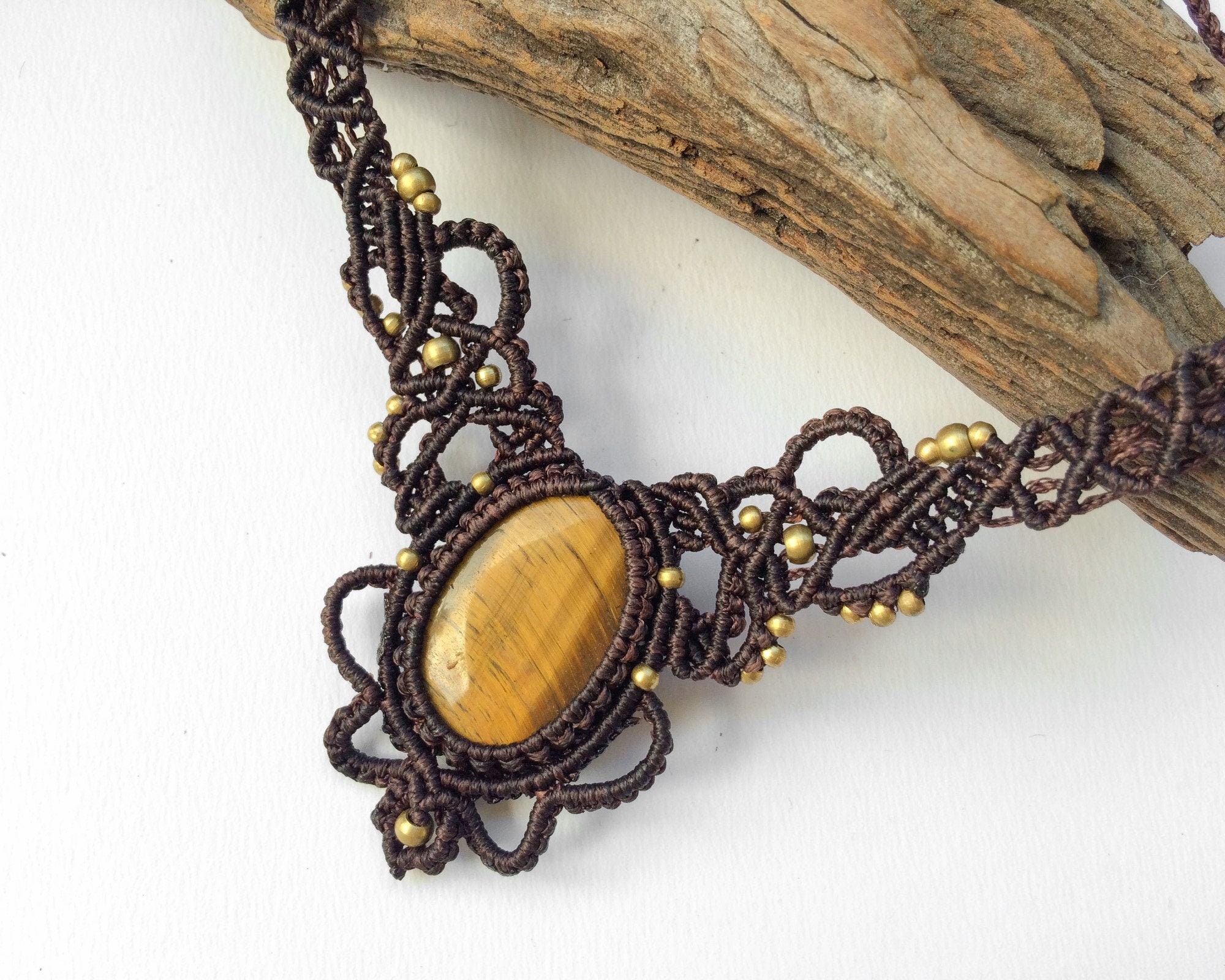 Micro Macrame Tiger Eye Necklace, Brass Beads, Boho Tribal Collar Micro Macrame Tiger Eye Necklace, Brass Beads, Boho Tribal Collar