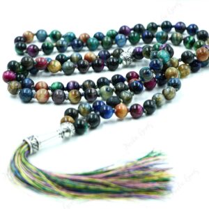 Multi Tiger's Eye Mala Necklace 108 Beads Hand Knotted, Triple Protection Tassel Necklace, Yoga Meditation Prayer Beads, Grounding Crystal Multi Tiger's Eye Mala Necklace 108 Beads Hand Knotted, Triple Protection Tassel Necklace, Yoga Meditation Prayer Beads, Grounding Crystal
