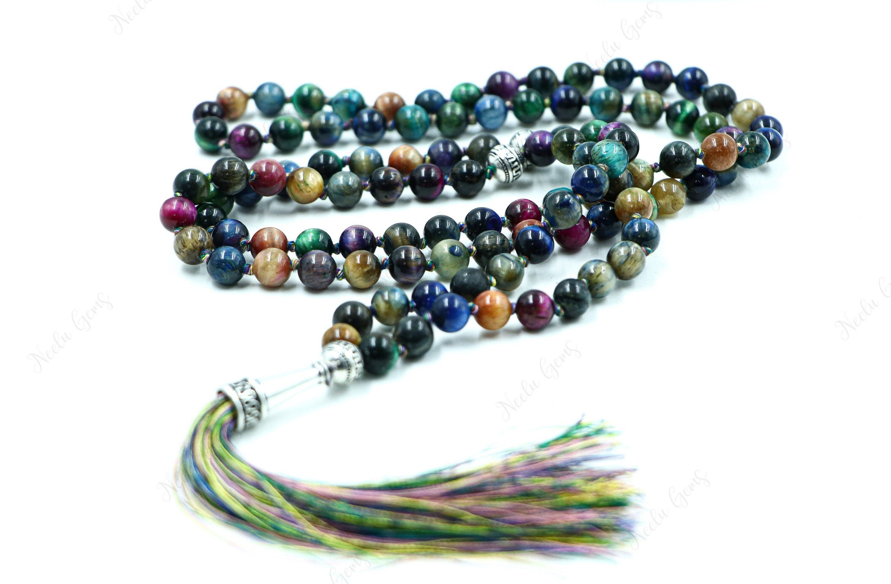 Multi Tiger's Eye Mala Necklace 108 Beads Hand Knotted, Triple Protection Tassel Necklace, Yoga Meditation Prayer Beads, Grounding Crystal