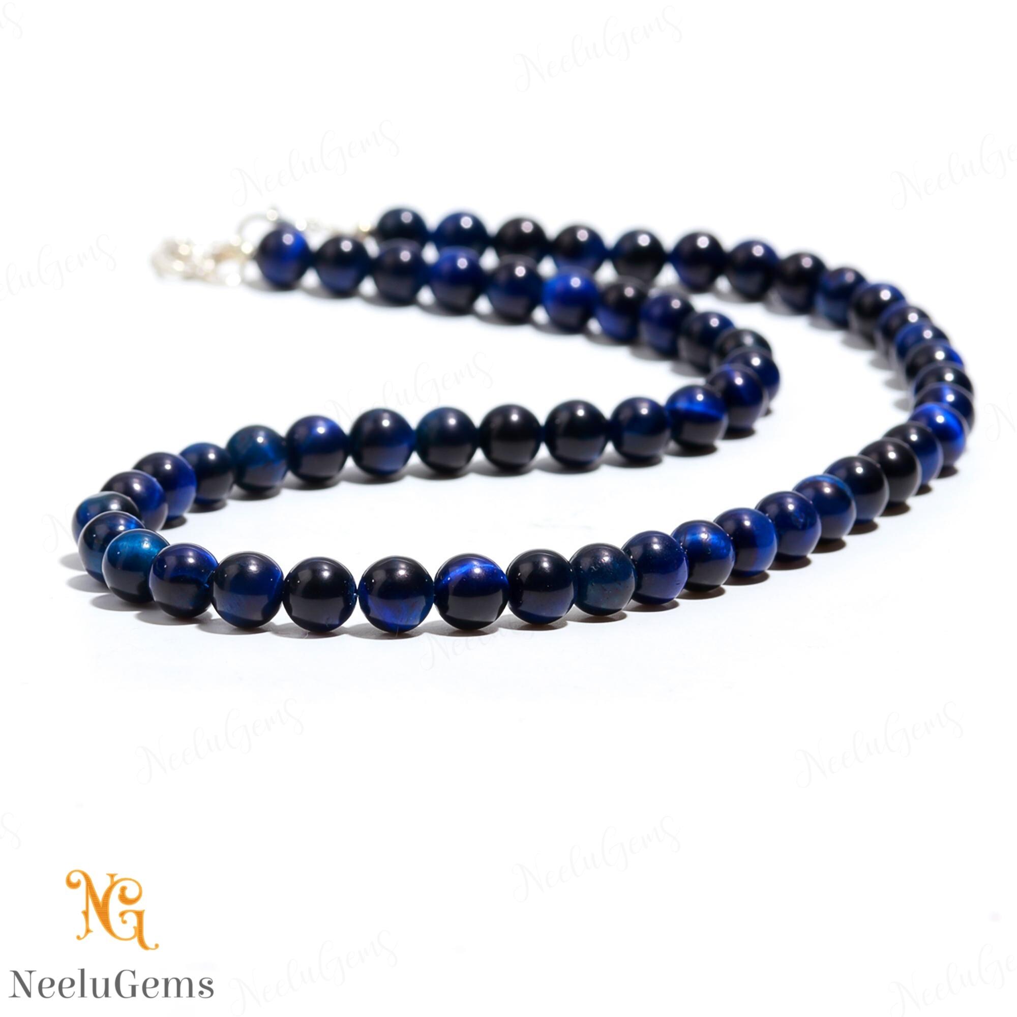 Natural Blue Tiger's Eye Beaded Necklace, Hawks Eye Gemstone Jewelry, Deep Navy Stone Choker, Protection Crystal Gift, Gift For Loved Ones