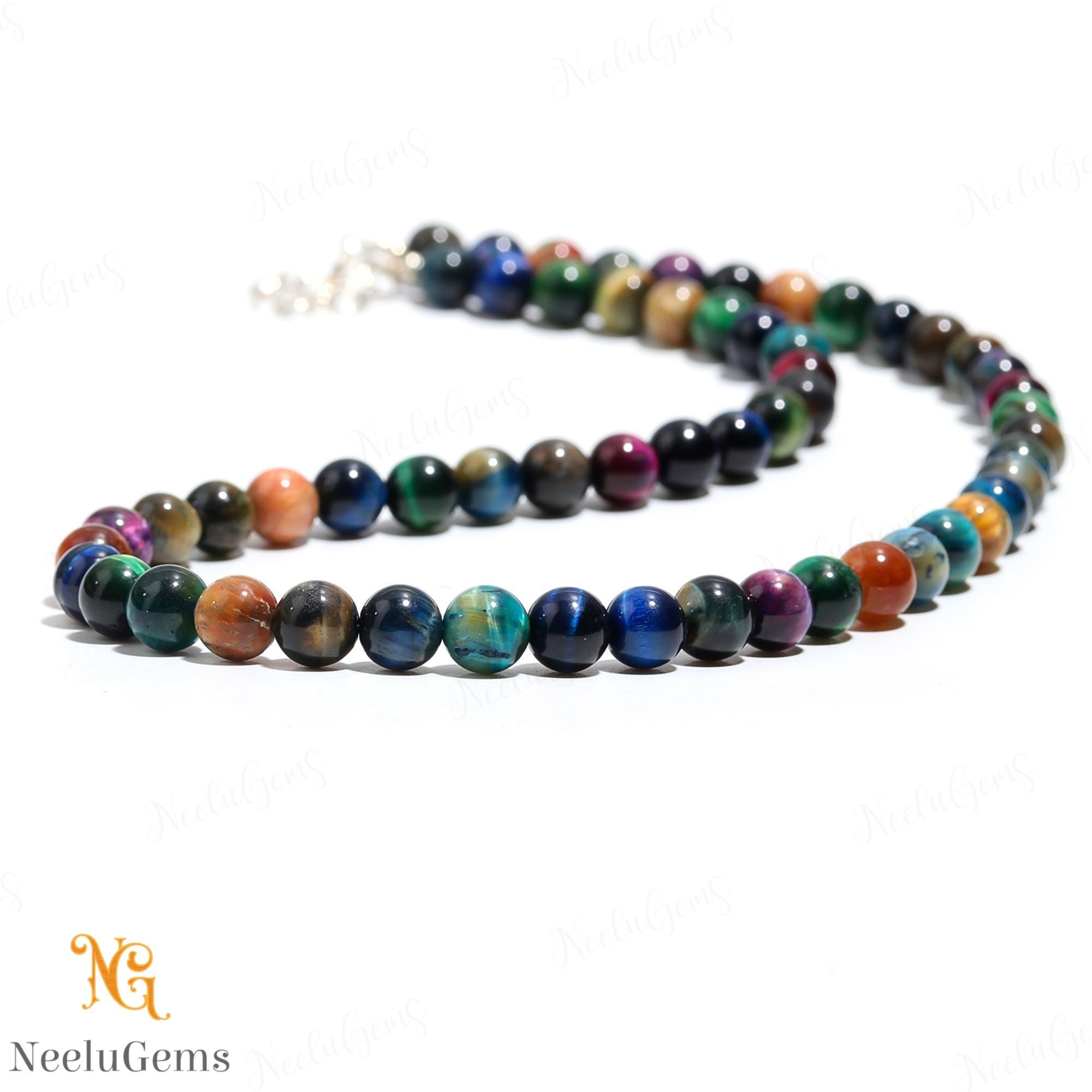 Natural Multicolor Tigers Eye Necklace Beaded Jewelry - Red Blue Gold Triple Stone Choker - Protection Crystal - Handmade Gift For Him Her