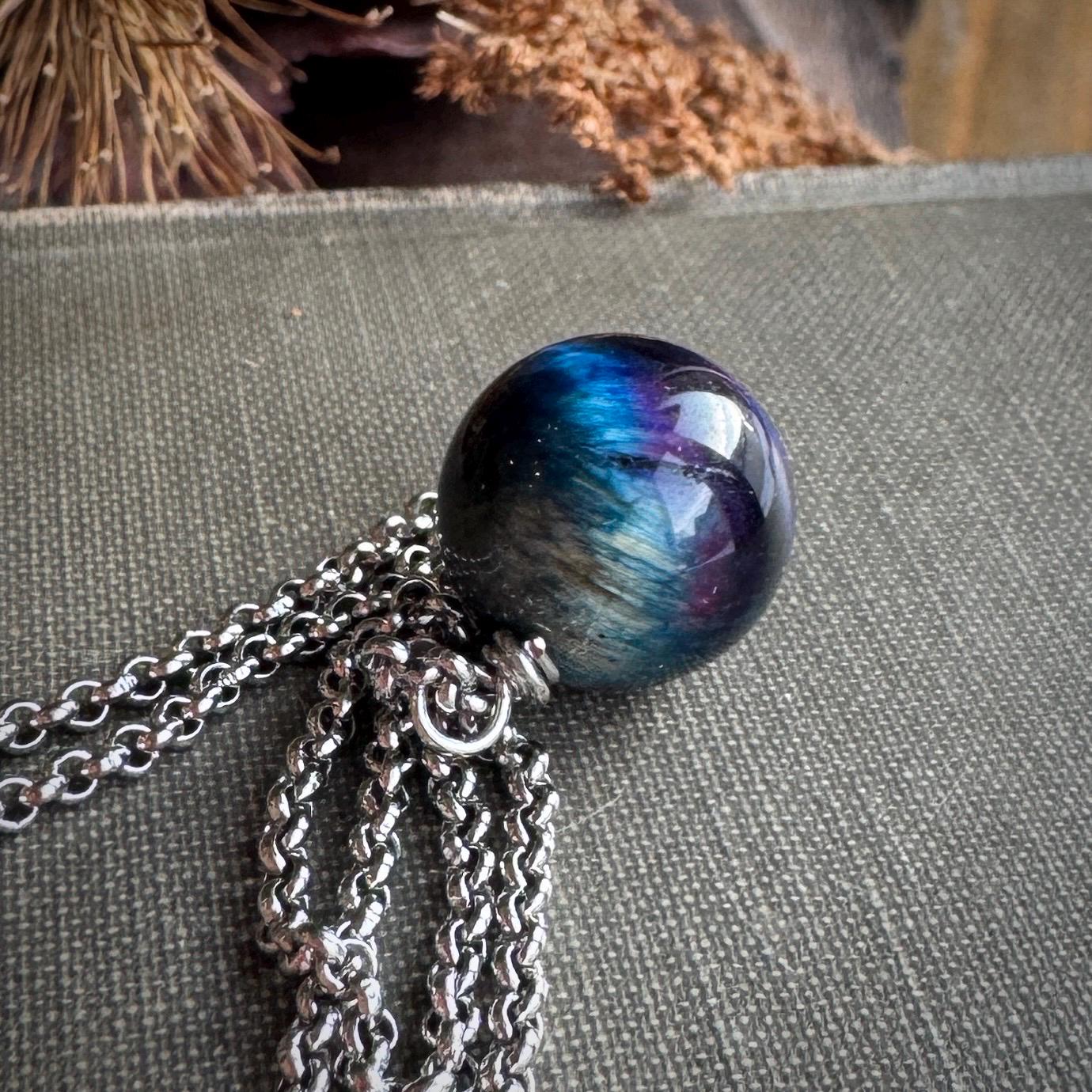 Purple And Blue Galaxy Tigereye Ball Bead Necklace