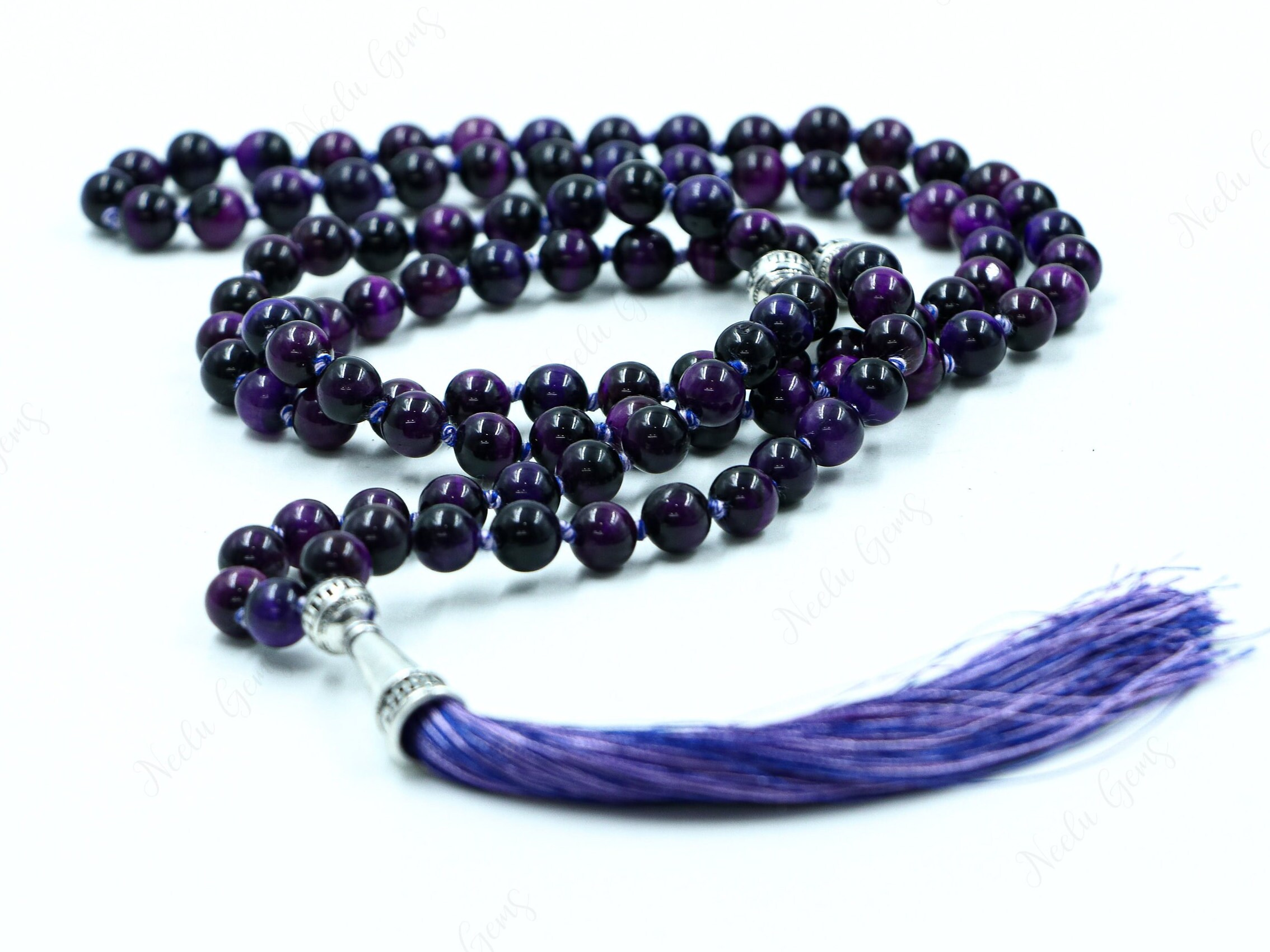 Purple Tiger's Eye Mala Necklace 108 Beads Hand Knotted - Intuition & Protection Prayer Beads - Third Eye Chakra Yoga Jewelry - Zen Gift Her
