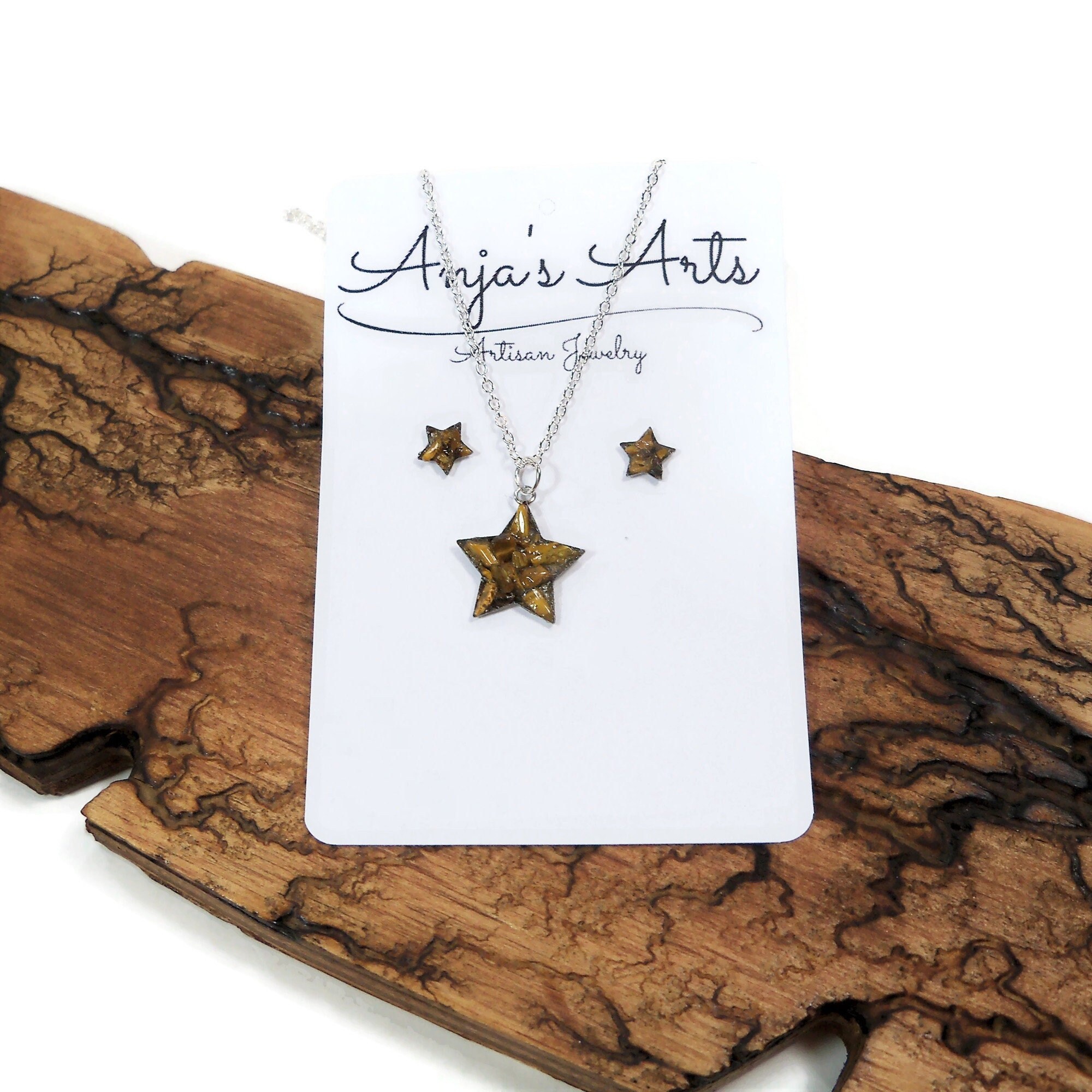 Star Tiger's Eye Jewelry Set Stud Earrings 18" Necklace Crushed Tiger Eye