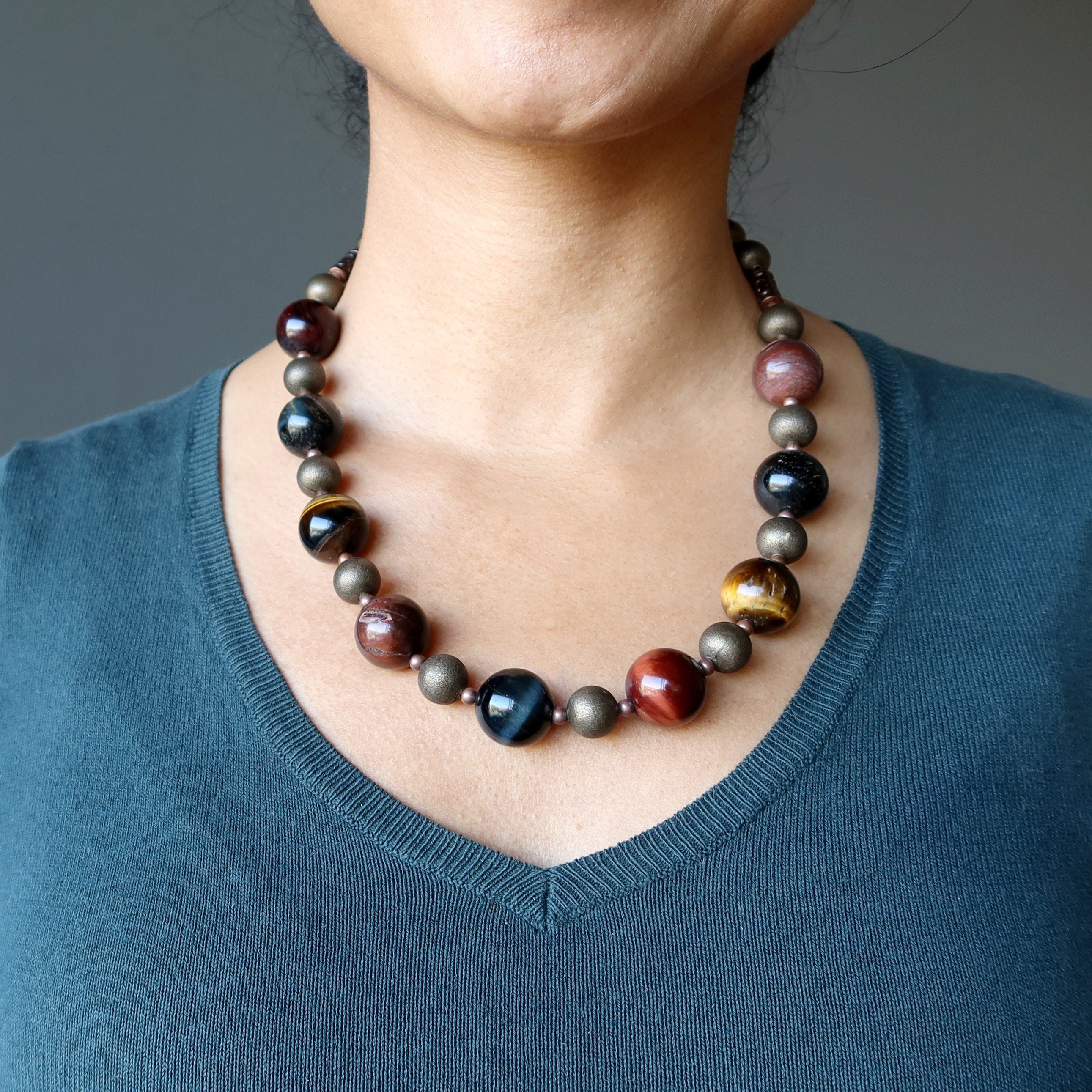 Tigers Eye Necklace, Chunky Red Blue Golden Gemstones Tigers Eye Necklace, Chunky Red Blue Golden Gemstones