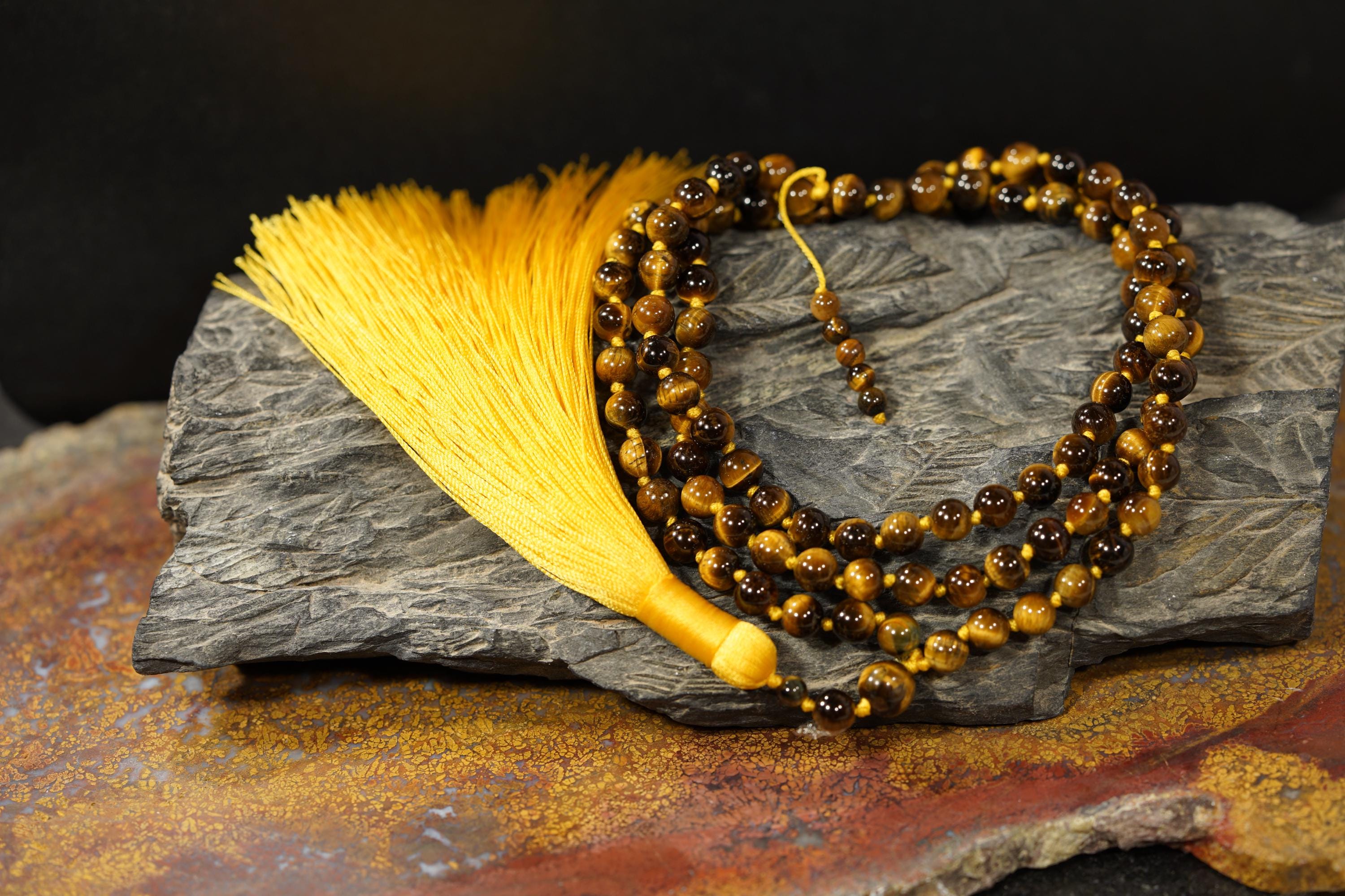 Tiger's Eye Mala • 6mm • Tiger's Eye Necklace • Tiger's Eye Mala With Yellow Tassel • 108+1 • Hand-knotted Tiger's Eye Mala Beads • 2361x