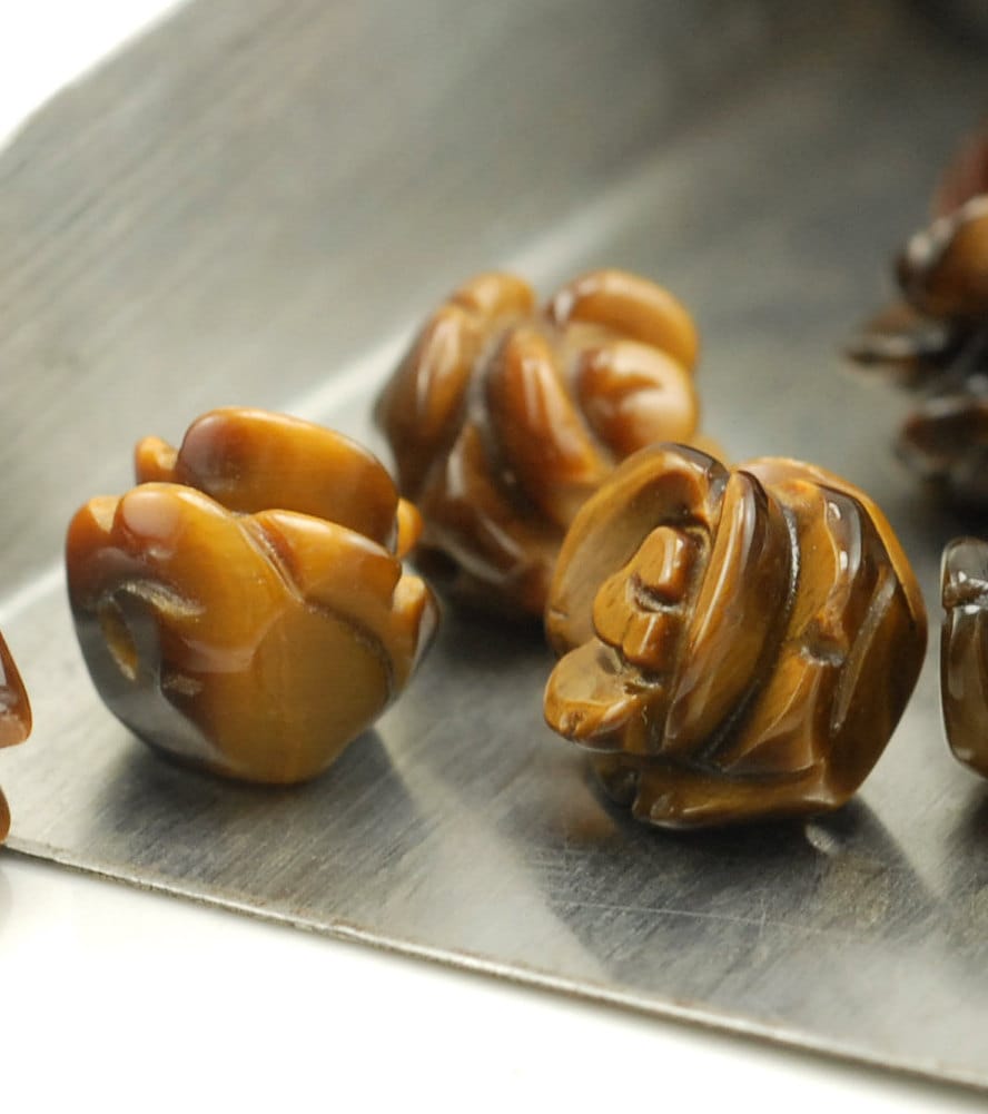 10mm Cognac Tiger Eye Gemstone Brown Carved Rose Flower Loose Beads 14 Beads (90147228-155)