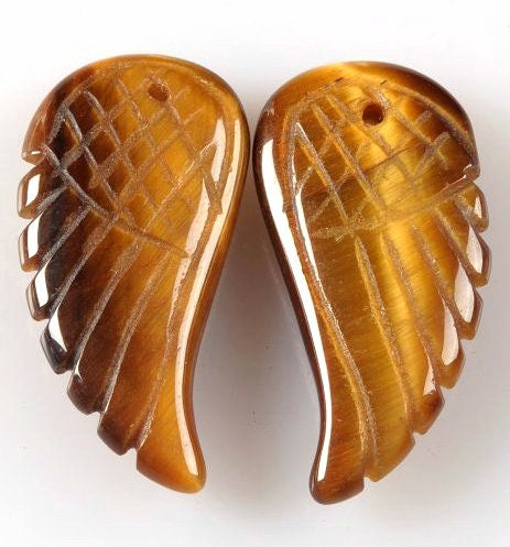 25x13mm Tiger Eye Gemstone Yellow Cognac Carved Angel Wing Beads Bulk Lot 2,6,12,24,48 (90187211-001)