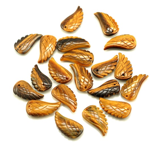 25x13mm Tiger Eye Gemstone Yellow Cognac Carved Angel Wing Beads Bulk Lot 2,6,12,24,48 (90187211-001)