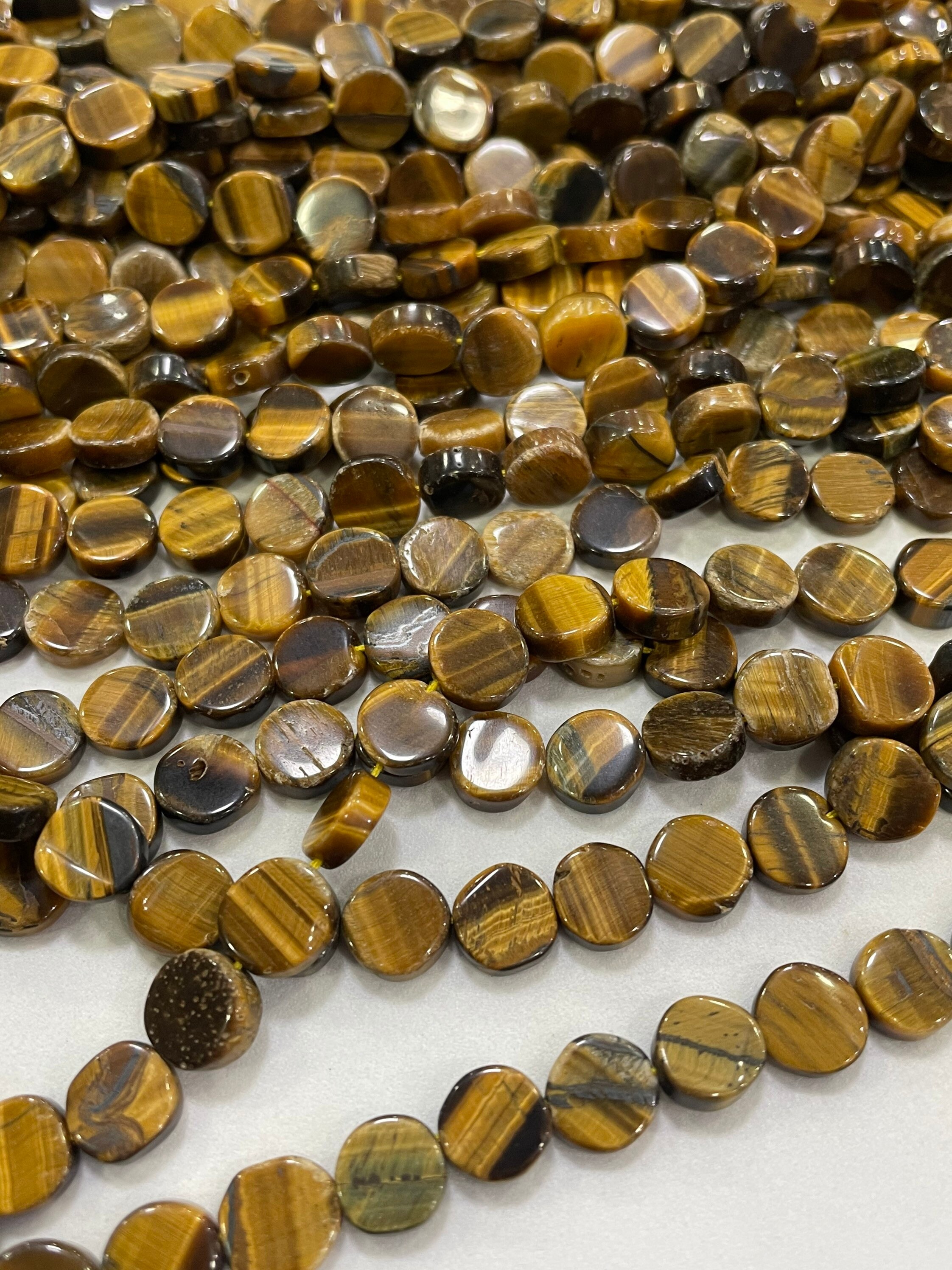 Pack Of 2 Strands- Natural Tiger Eye Smooth Coin Shaped Gemstone Beads, Size- 7.5-8 Mm Fancy Shape Beads, 14 Inch Strand At Low Price
