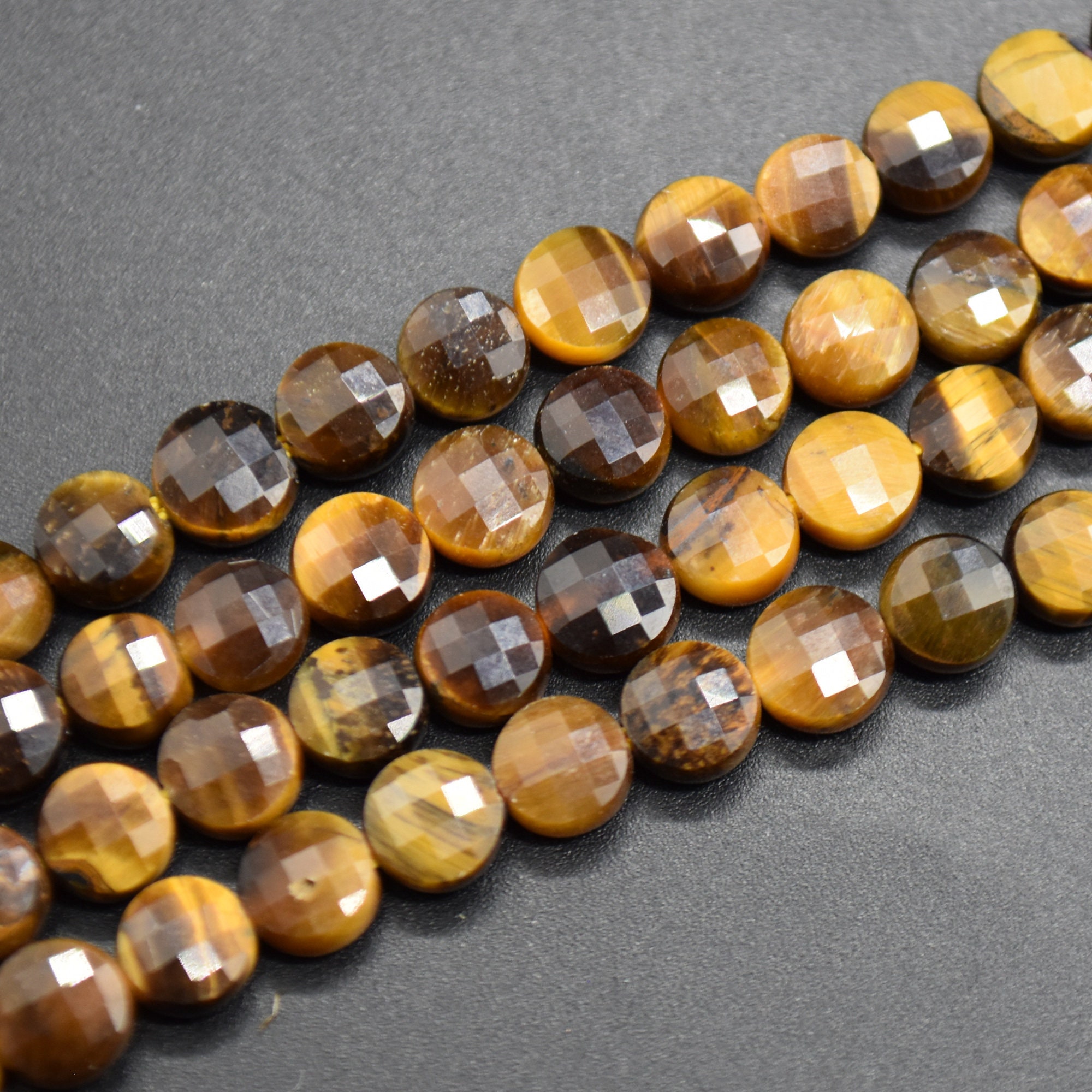Tiger's Eye Gemstone Faceted Coin Disc Beads - 6mm - 15" Strand