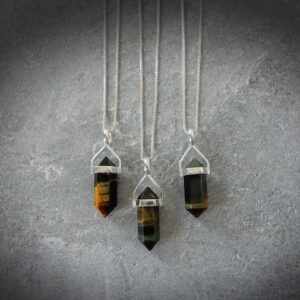 Blue & Gold Tiger Eye Necklace Sterling Silver • Tiger Eye Point Pendant • Sterling Gemstone Point Pendants • Healing Crystal Necklace