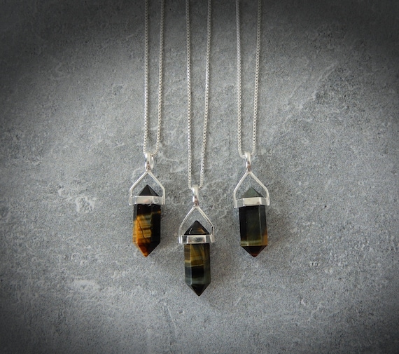 Blue & Gold Tiger Eye Necklace Sterling Silver • Tiger Eye Point Pendant • Sterling Gemstone Point Pendants • Healing Crystal Necklace