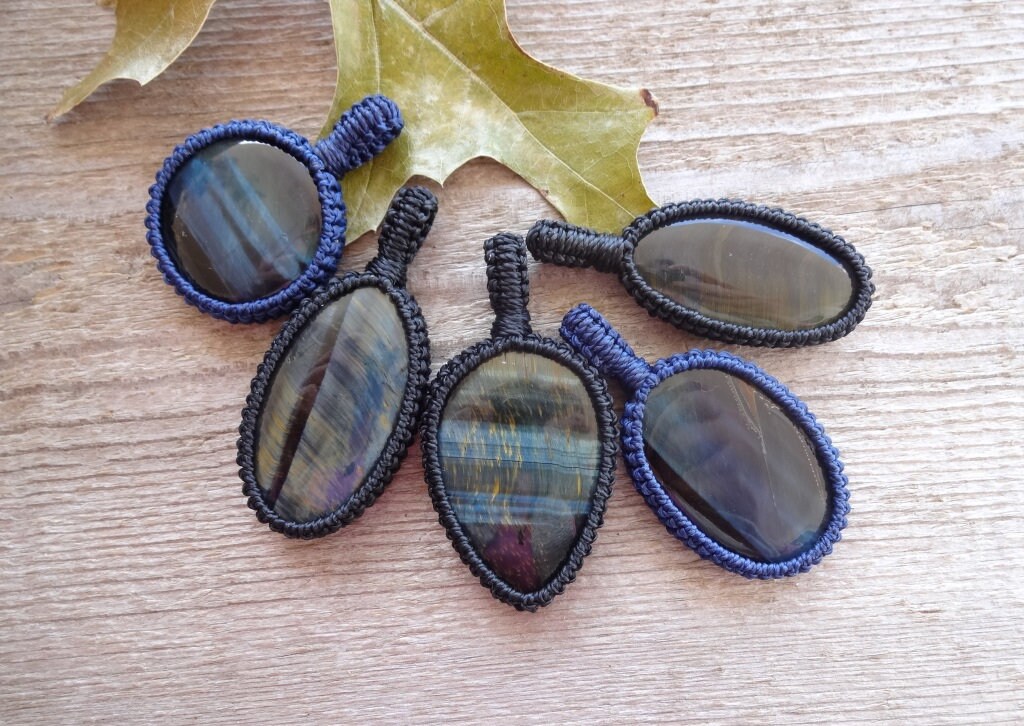 Blue Tiger Eye Pendant Necklace, Success Good Fortune Stone, Macrame Pendant For Him, Dad, Husband