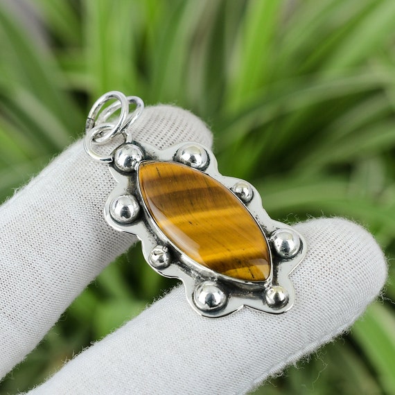Handmade Marquise Tiger's Eye 925 Sterling Silver Pendant