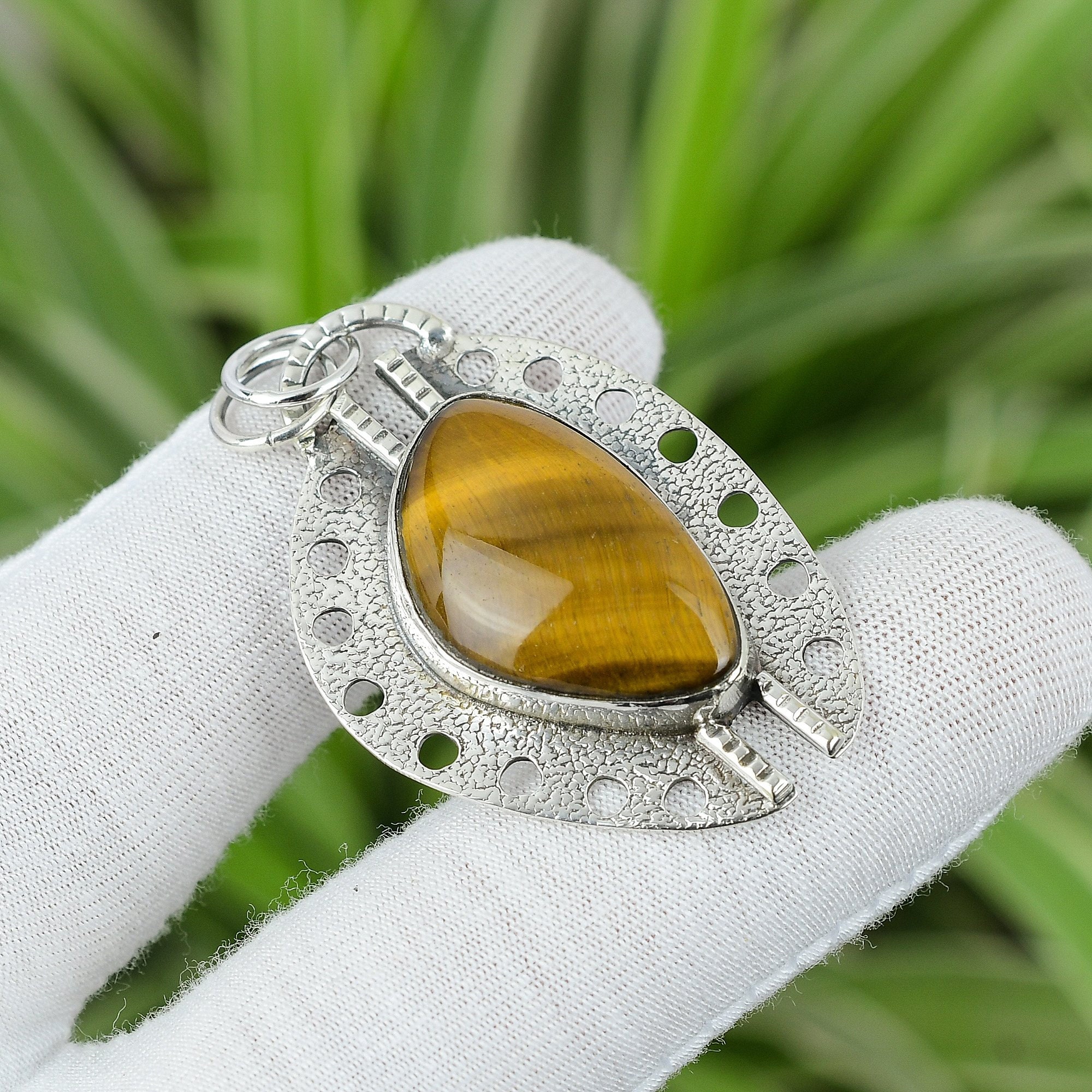 Handmade Tiger's Eye 925 Sterling Silver Pendant (53 Mm)