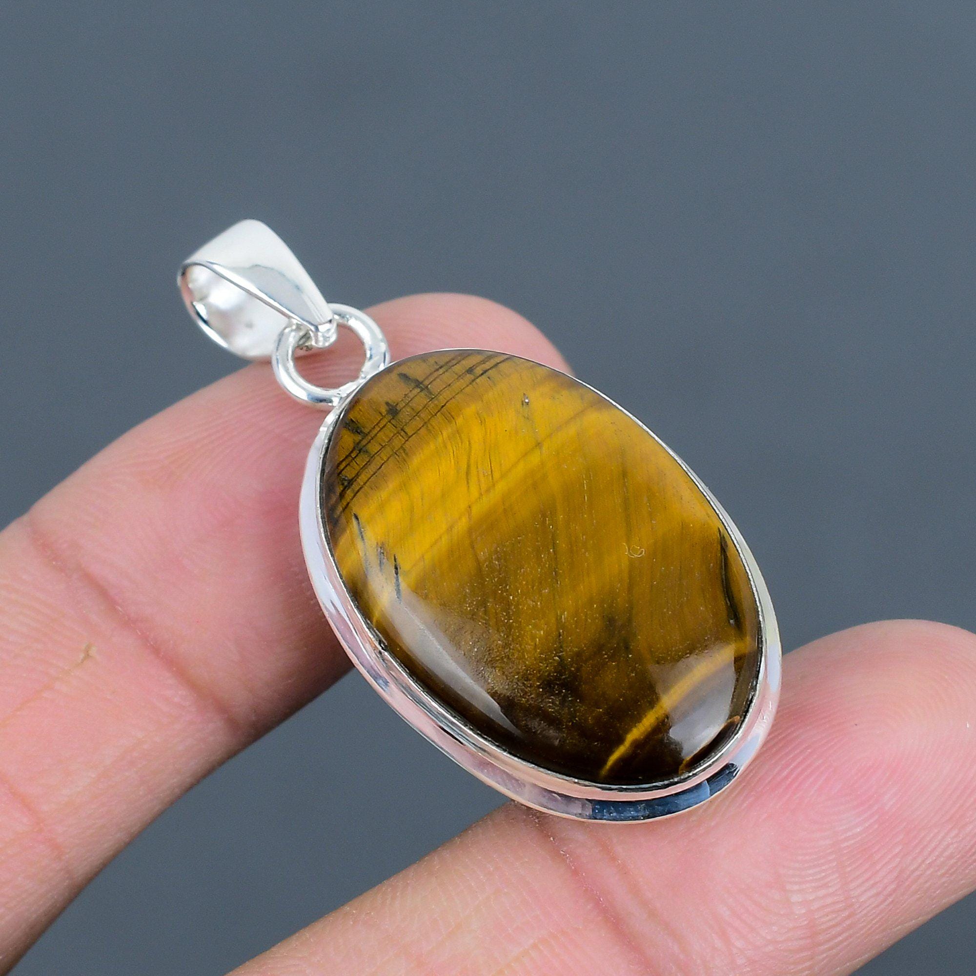 Handmade Tiger's Eye 925 Sterling Silver Pendant - 18k Gold Plated
