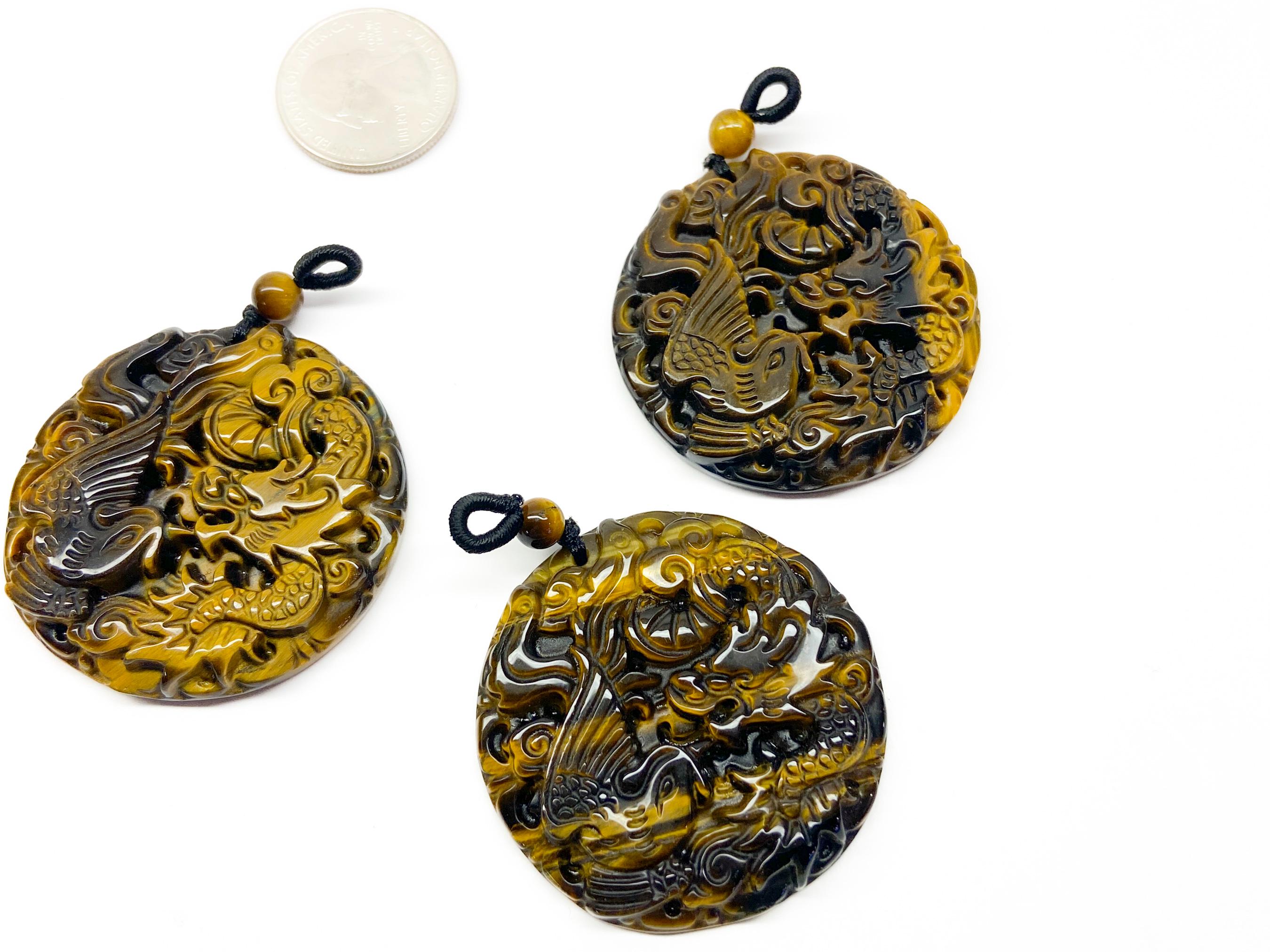 Natural Tiger's Eye Hand-carved Pendant. Large Rustic Tiger-eye Amulet 45mm. Protection. Blessing.