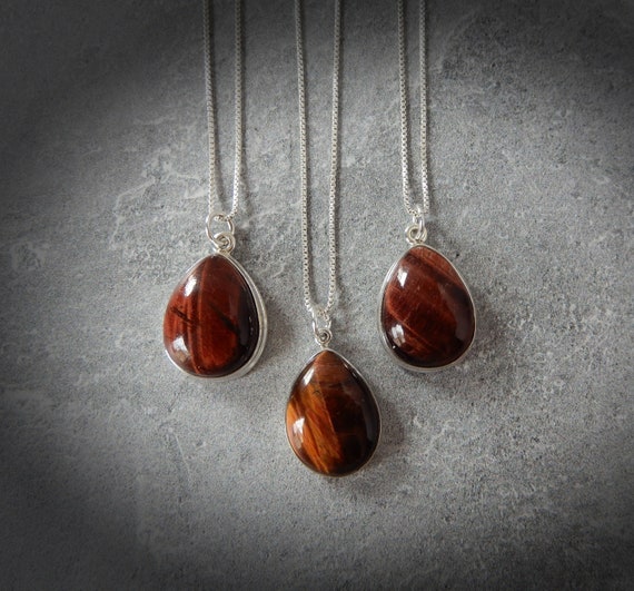 Tiger Eye Necklace Sterling Silver • Red Tigers Eye Pendant • Sterling Tiger Eye Gemstone • Healing Crystal Necklace • Layering Necklace